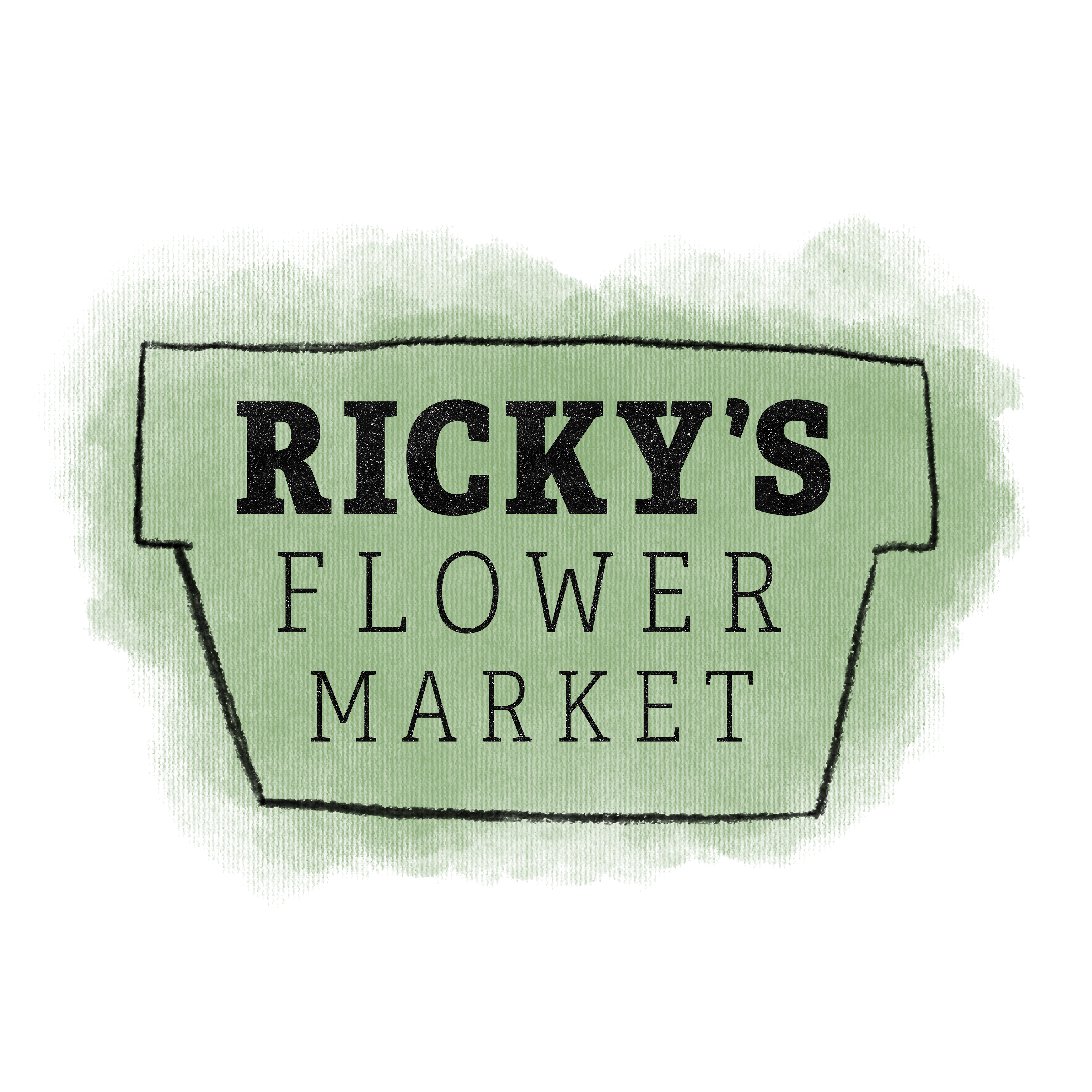 Ricky's Flower Market text inside handdrawn flower pot with textured green brush background