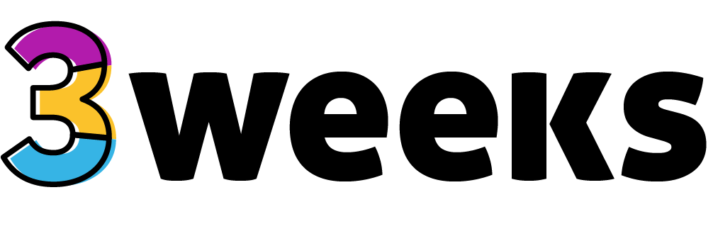 the 3 weeks logo with a purple, yellow and blue 3 cut into blocks