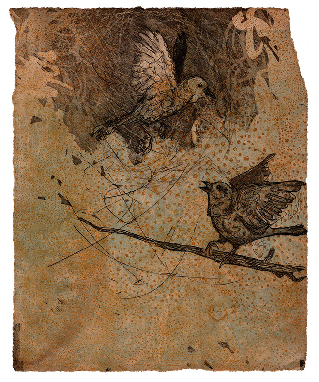 Farewell Little Bird: Forever in My Heart, Etching, Tea Stained Paper, 8x10" 2023
