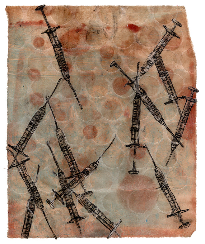 Ritual of Treatment, Etching, Chine Collé, Copper Relief, Tea Stained Paper, 8x10" 2023