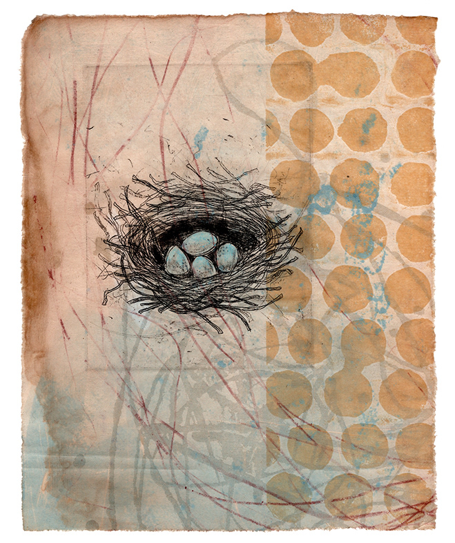 Nesting: Possibilites, Etching, Copper Relief, Wax Pastel, Tea Stained Paper, 8x10", 2023