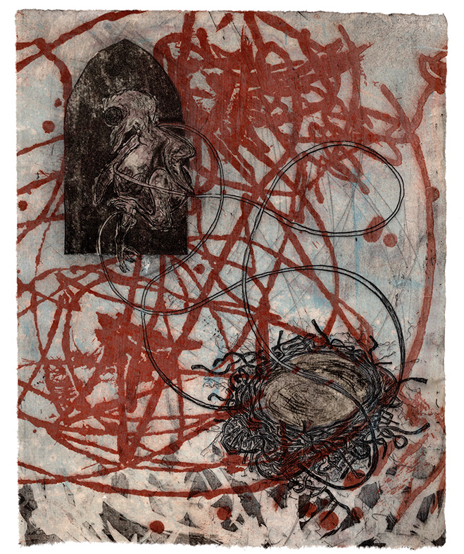 Life: Day 1 of 134, Etching, Chine Collé, Tea Stained Paper,  8x10", 2023