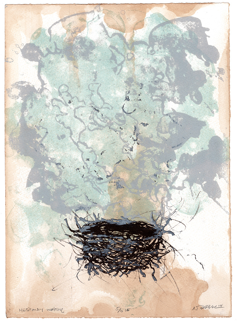 Hesitantly Waiting, Stone Lithograph, Tea Stained Paper,  9.5x13.5" 2014 Variable Edition of 10 