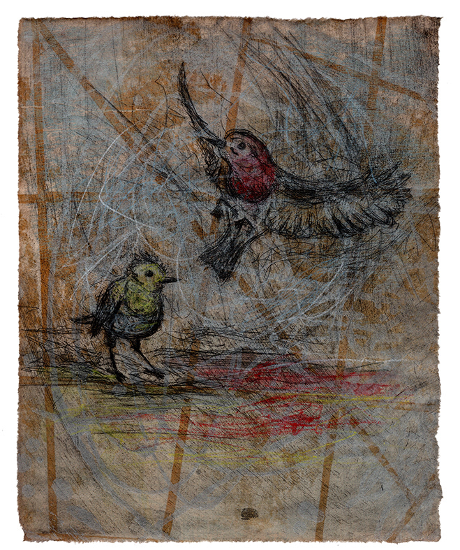 Bird of Another Color (Adoption),  Etching, Collagraph, Wax Pastel, Tea Stained Paper, 8x10", 2023