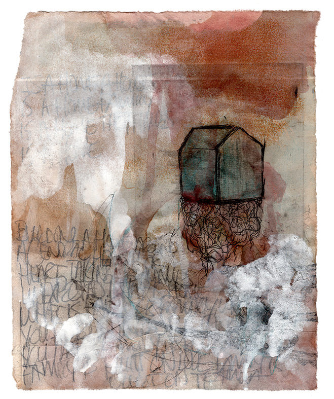 Journal: Building a Family,  Etching, Graphite, Gouache, Wax Pastel, Tea Stained Paper, 8x10" 2022 