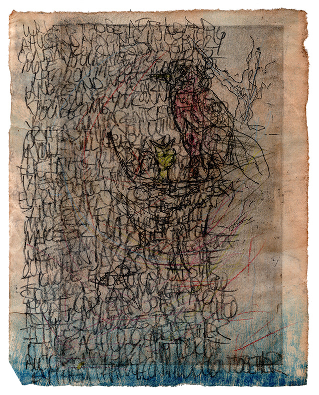 Journal: Work in Progress, Fatherhood,  Etching, Woodcut, Graphite, Tea Stained Paper, 8x10", 2023