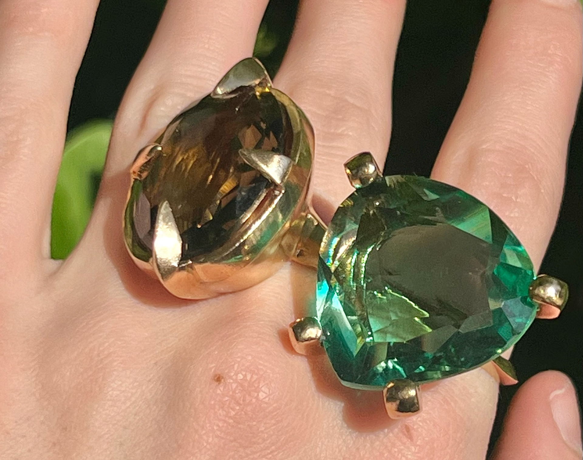 "glam rings" - hand carved in wax, cast in ancient bronze, smokey and emerald glass stones - april 2024