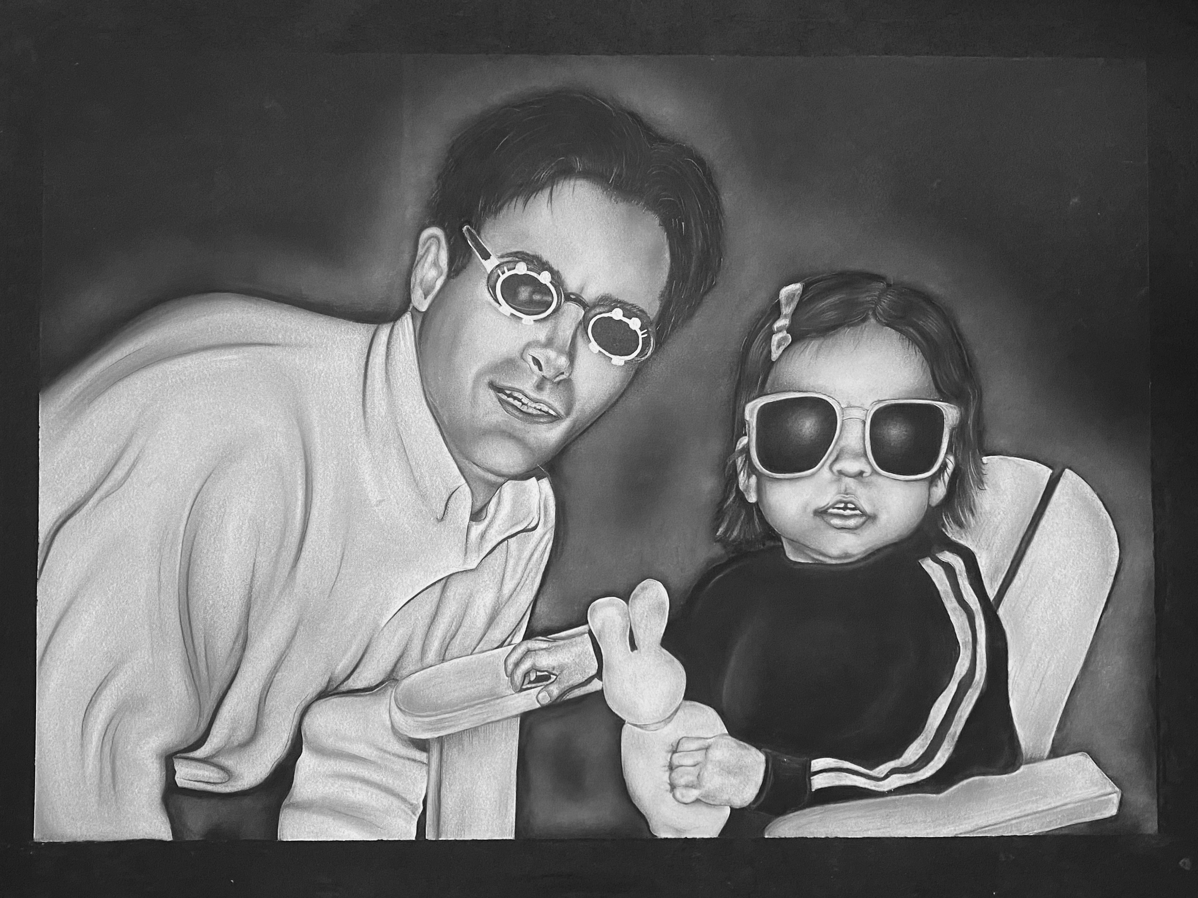"dad and me" - 18x24 - white and black charcoal on black paper - november 2021