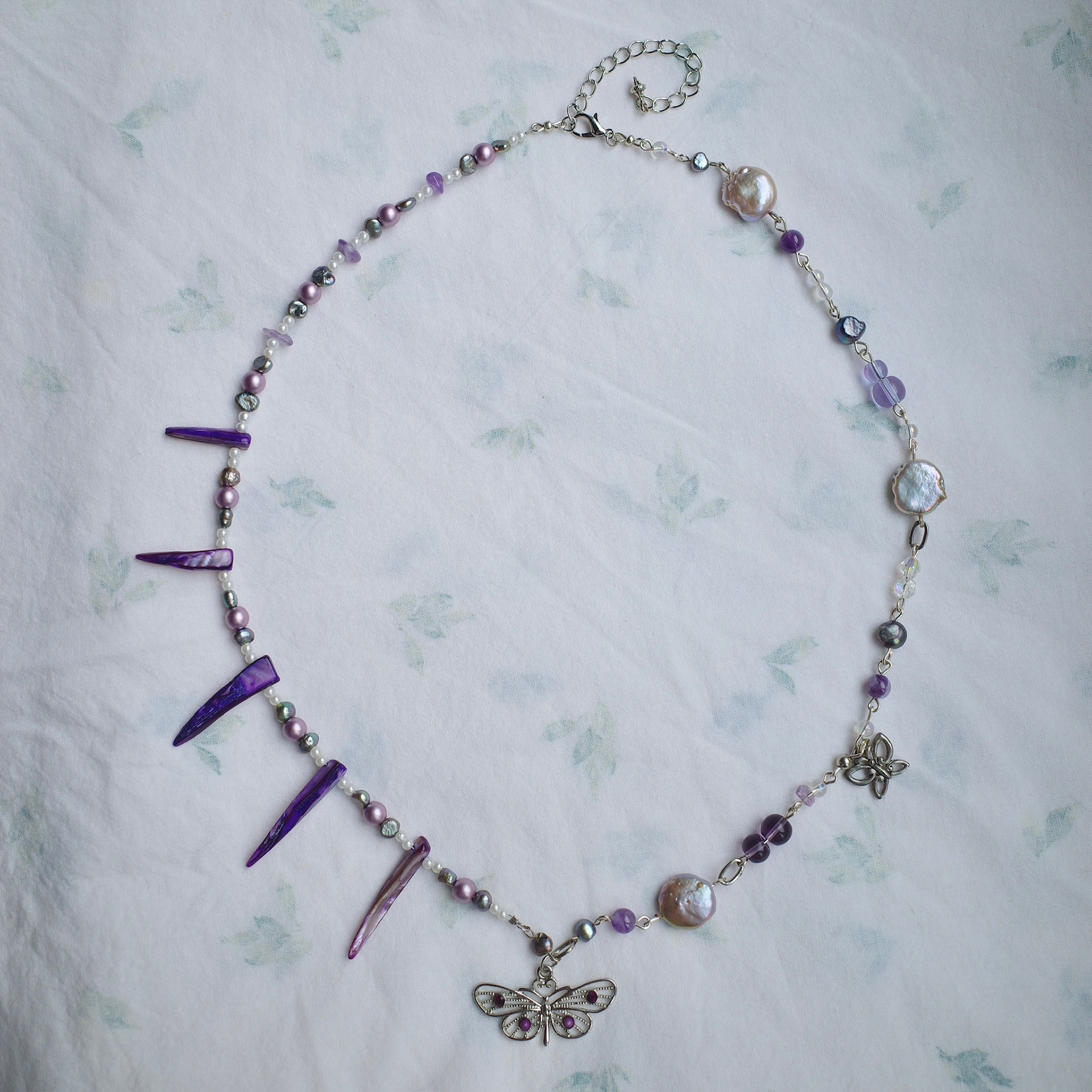 "sharp and sweet" necklace - assorted beads, mother of pearl shell - july 2023