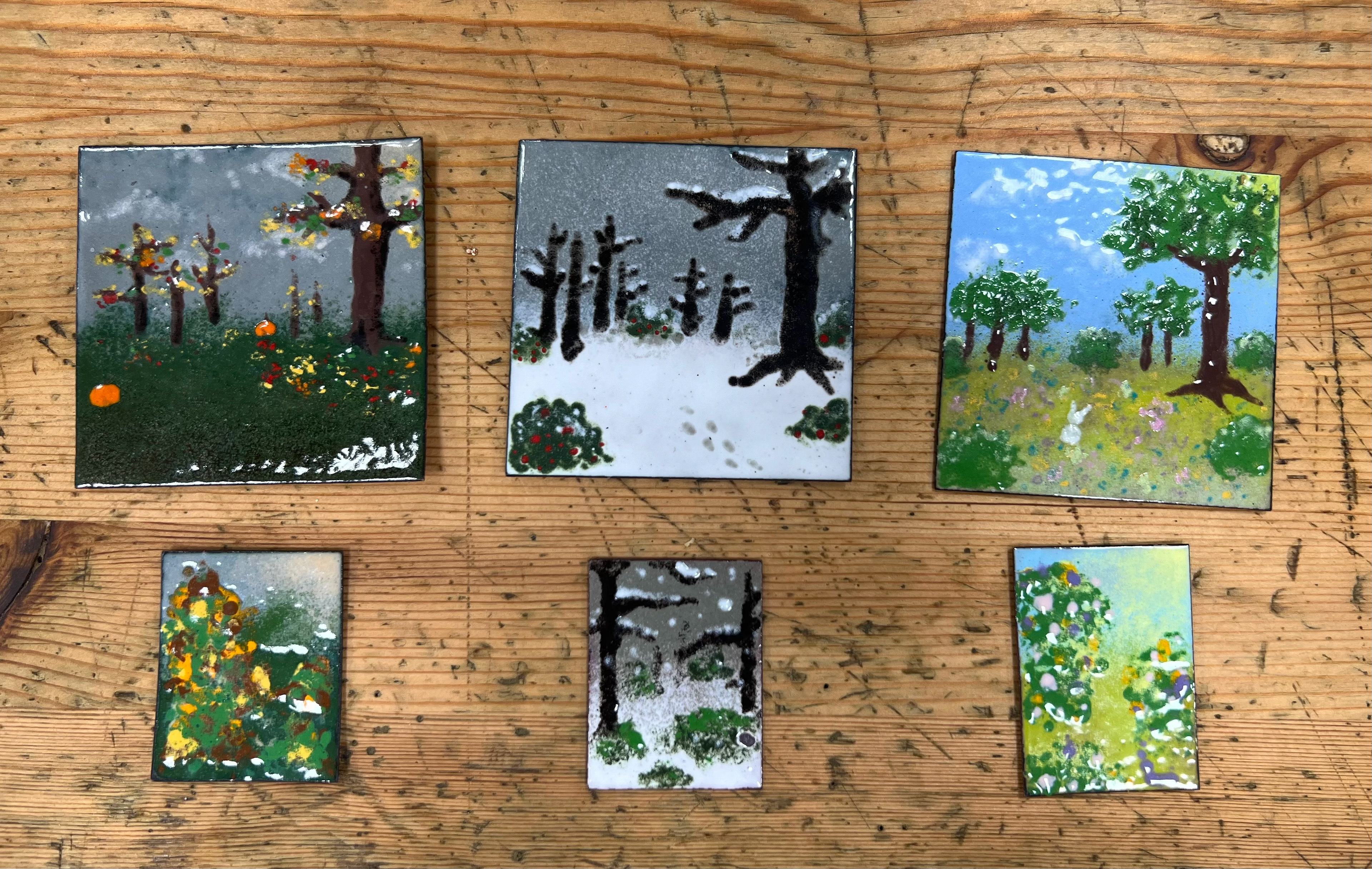 childhood bedroom window triptych - enamel, copper - fall 2024