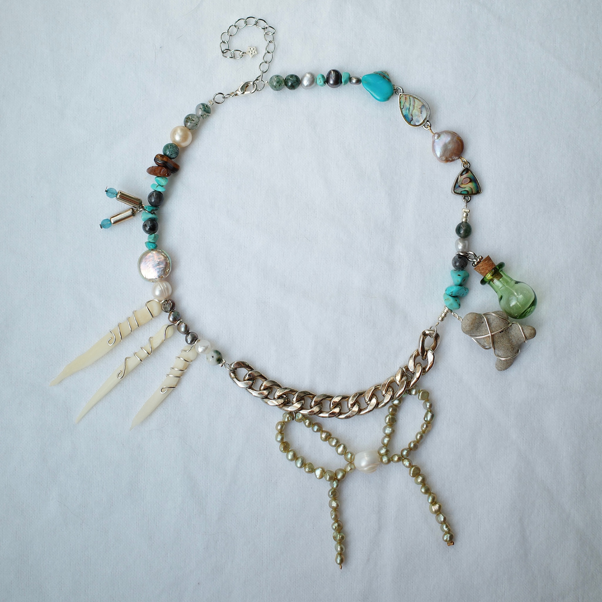 "beach comber" necklace - assorted beads, deer bone, beach rock - july 2023