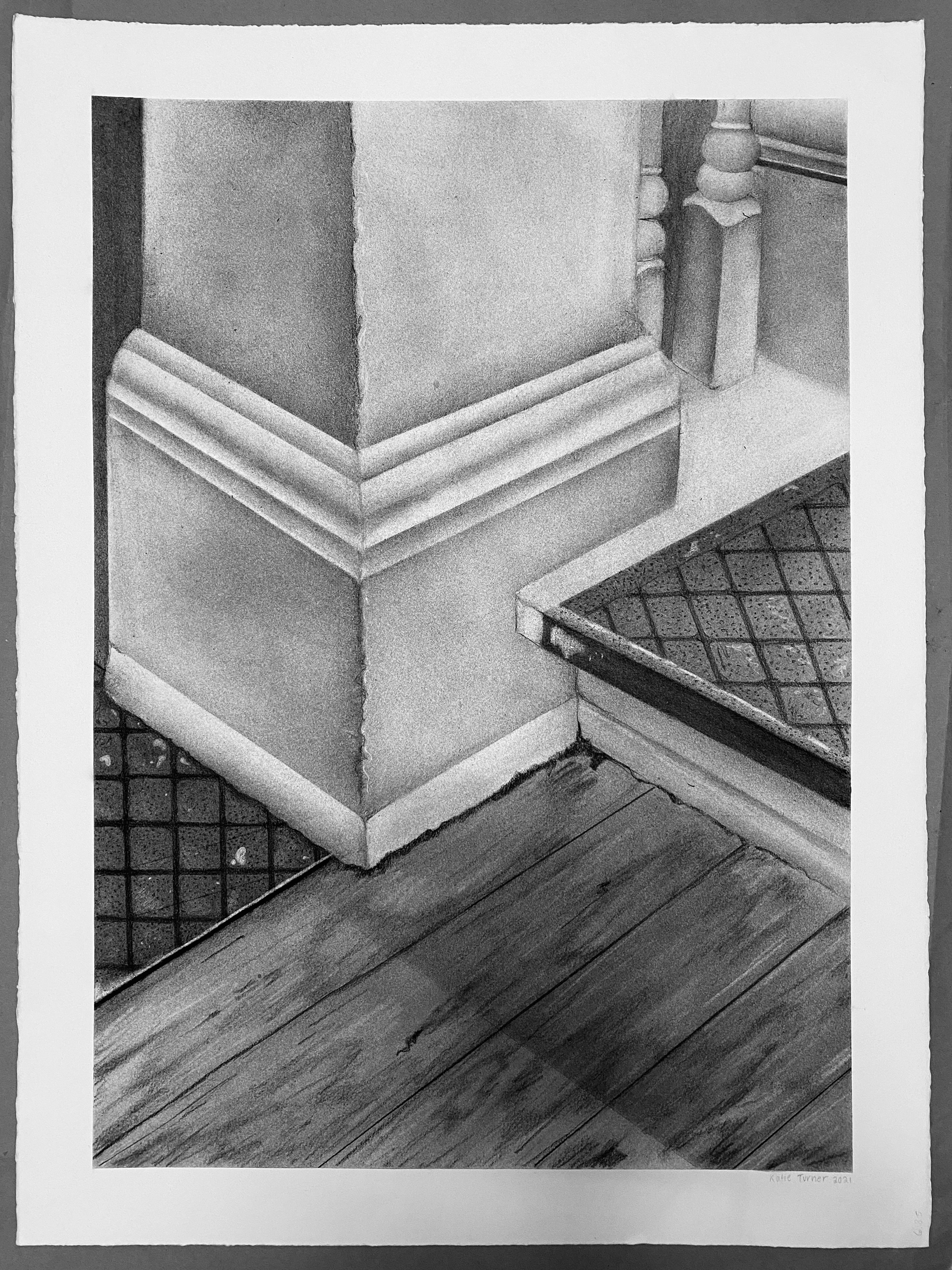 "stairwell" - 18x24 - graphite & white and black charcoal on white paper - september 2021