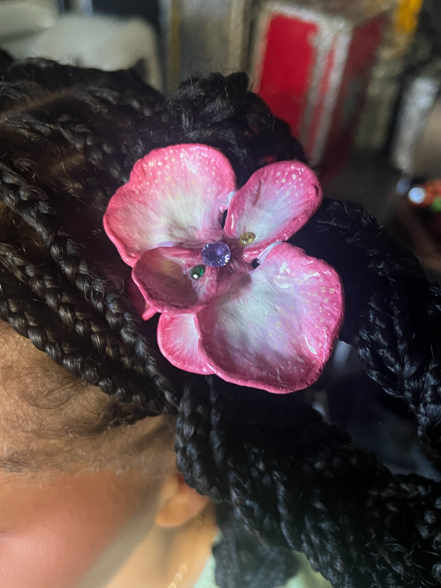 pink orchid hair pin - hand molded in poly plastic, hand painted, paired with assorted cubic zirconia