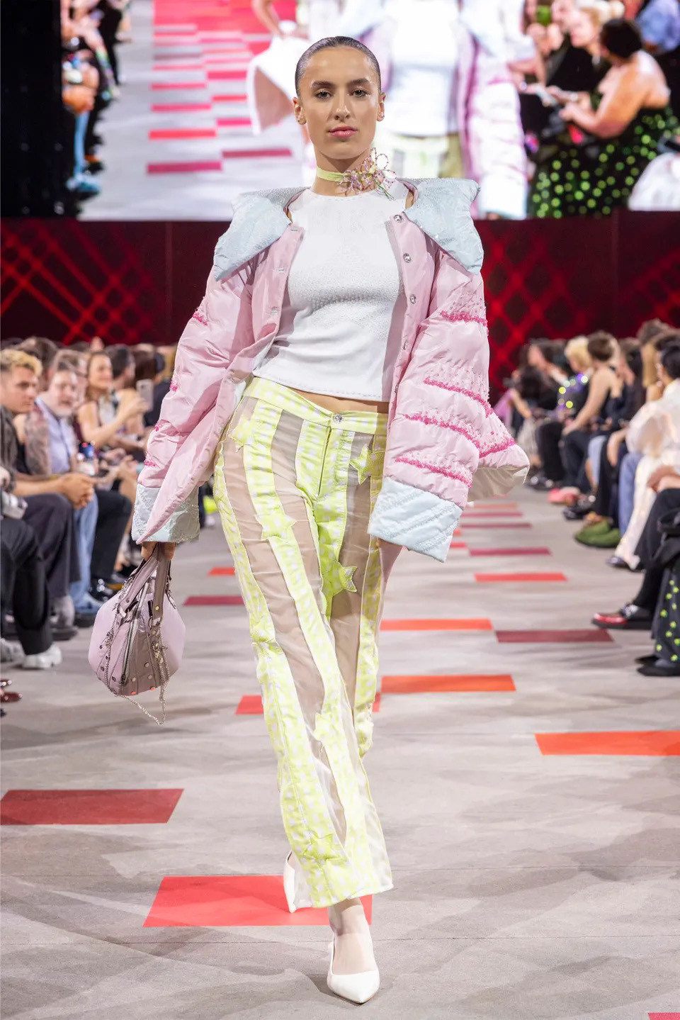 "sheer star pants" and "puff jacket" - featuring the flower wrap necklace - photo courtesy of aman shakya, image featured on vogue runway