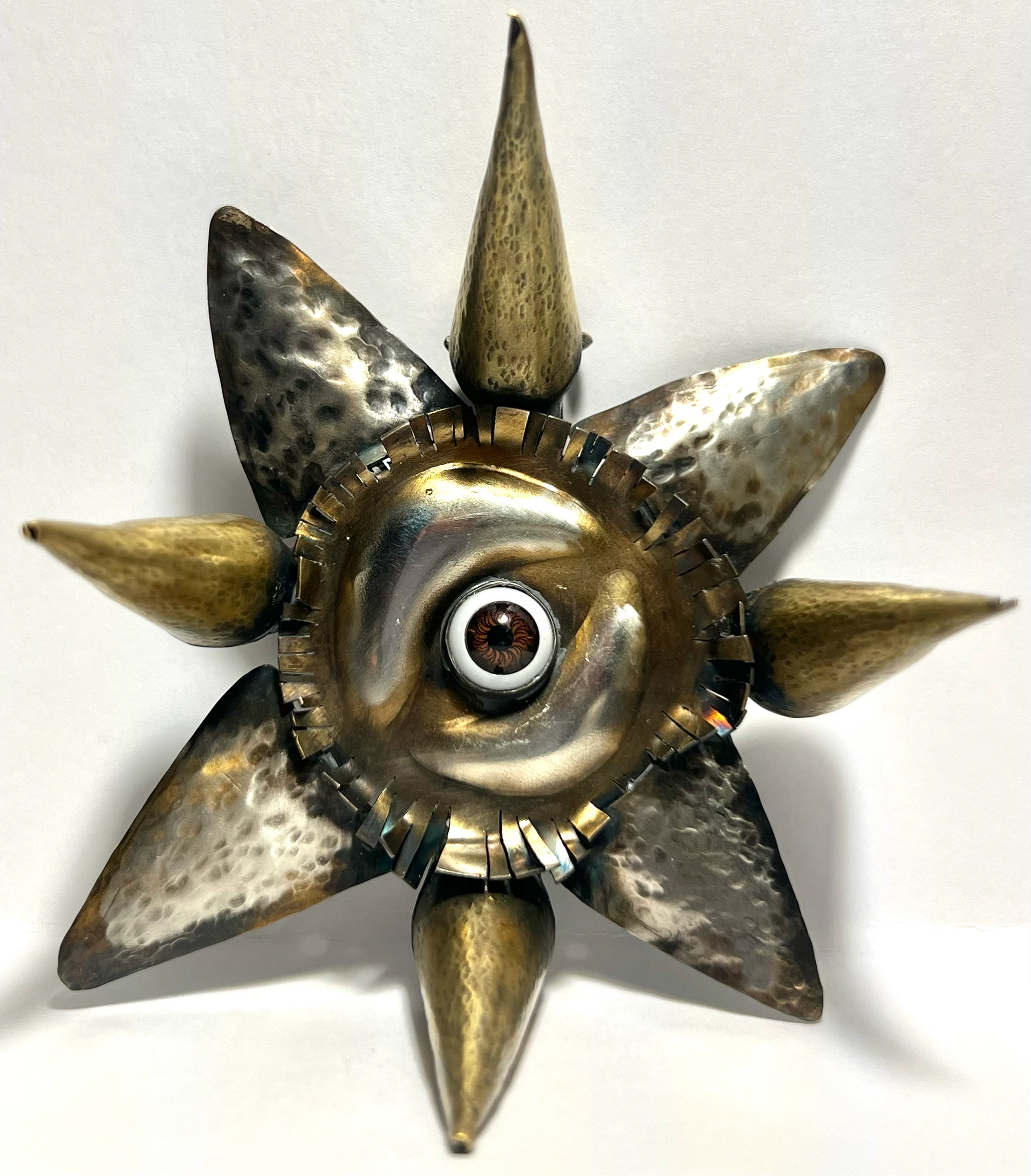 "protection brooch" - brass, nickel silver, plastic eye - october 2023