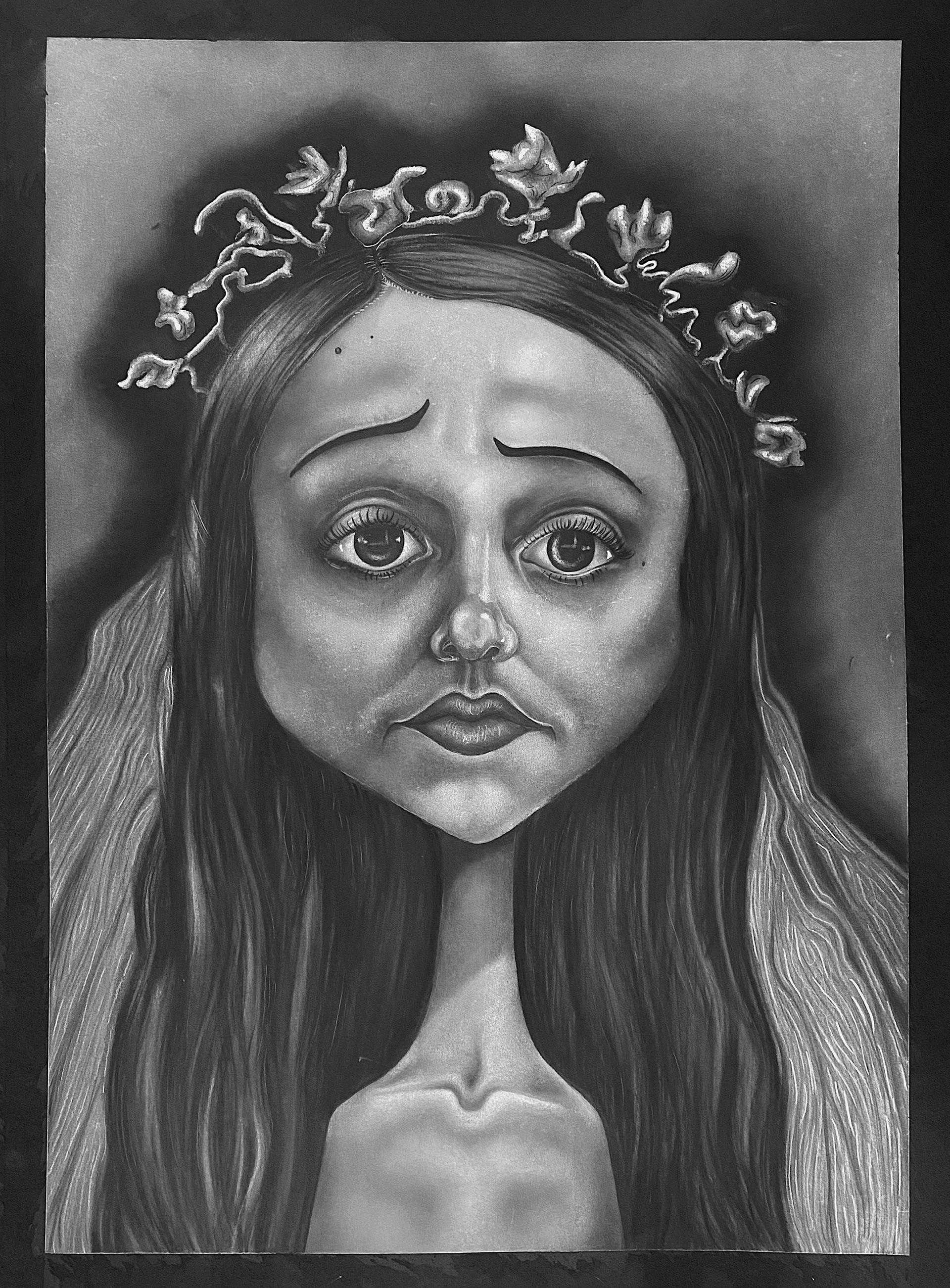 "corpse bride self portrait" - 18x24 - white and black charcoal on black paper - october 2021