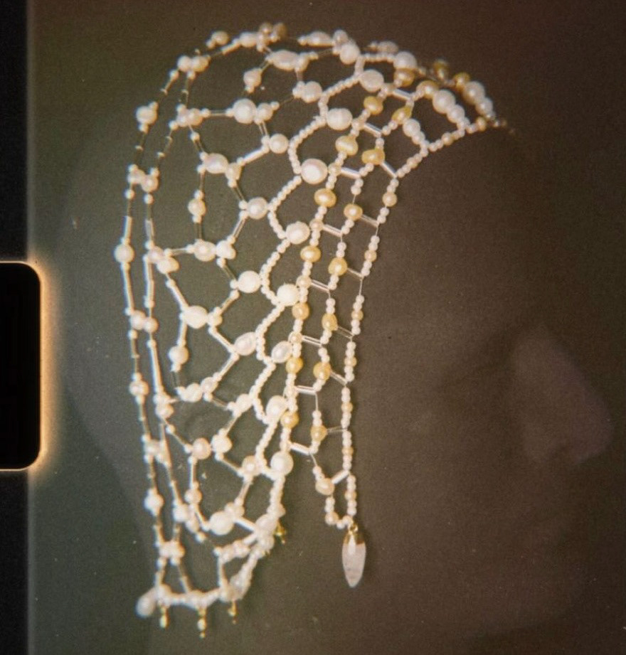 "the pearl snood" - commission for a photoshoot - freshwater pearl, seed beads - march 2024