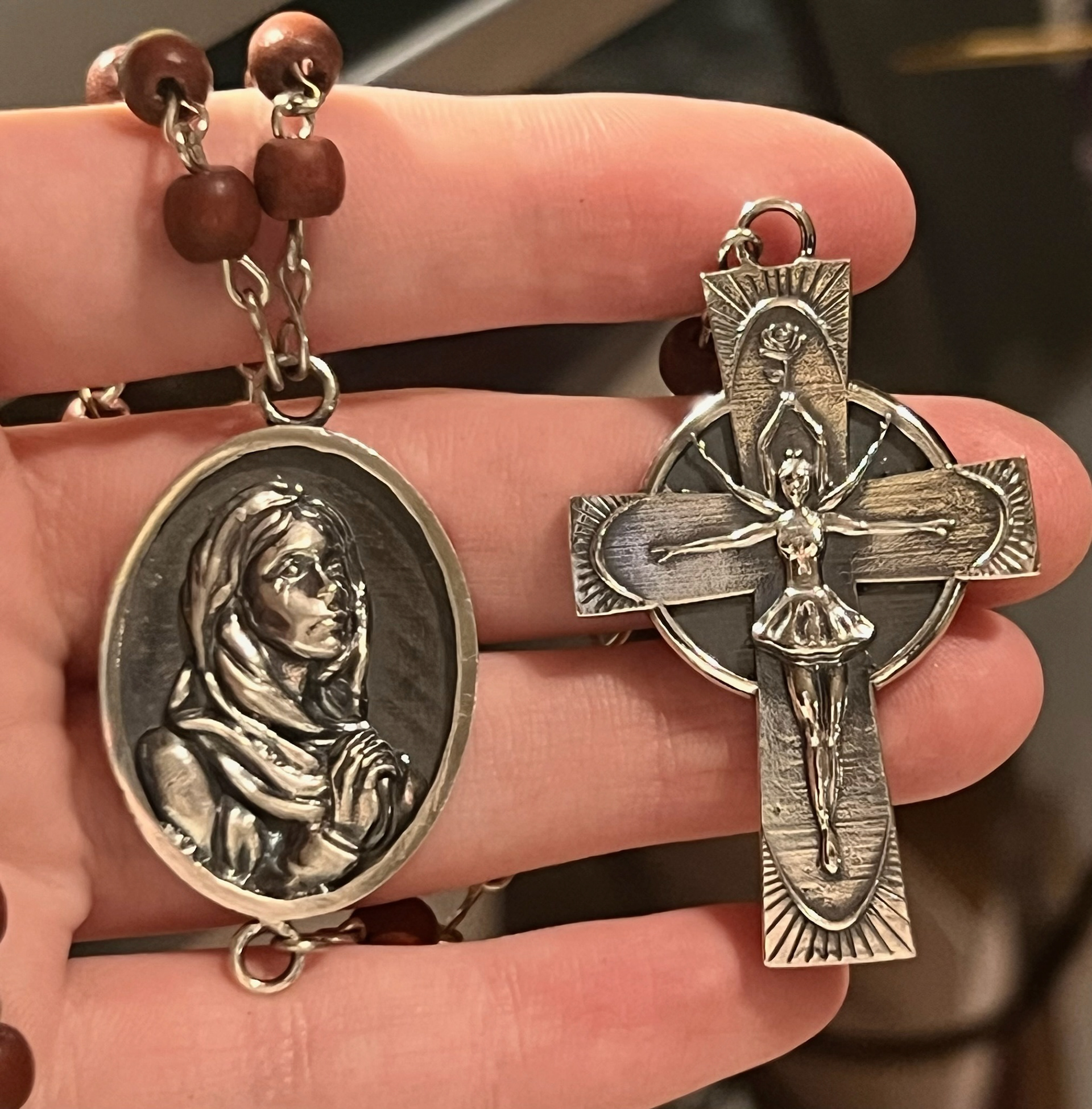 "weeping mother mary" and "the ballerina" - modeled in rhino 8 & nomad, cast in sterling silver