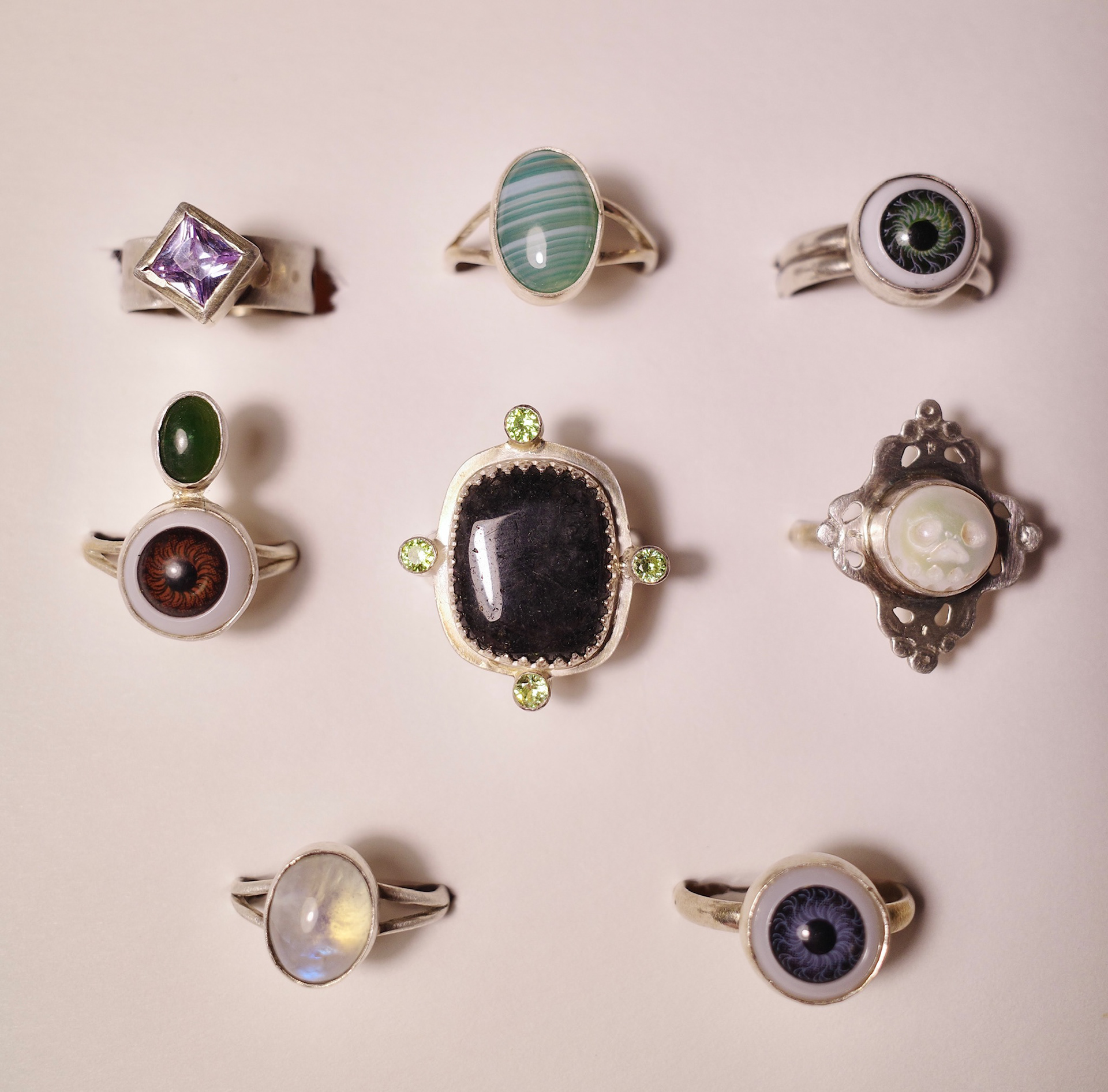 assortment of rings - all sterling silver, assorted stones and a hand carved skeleton pearl - 2023-2024