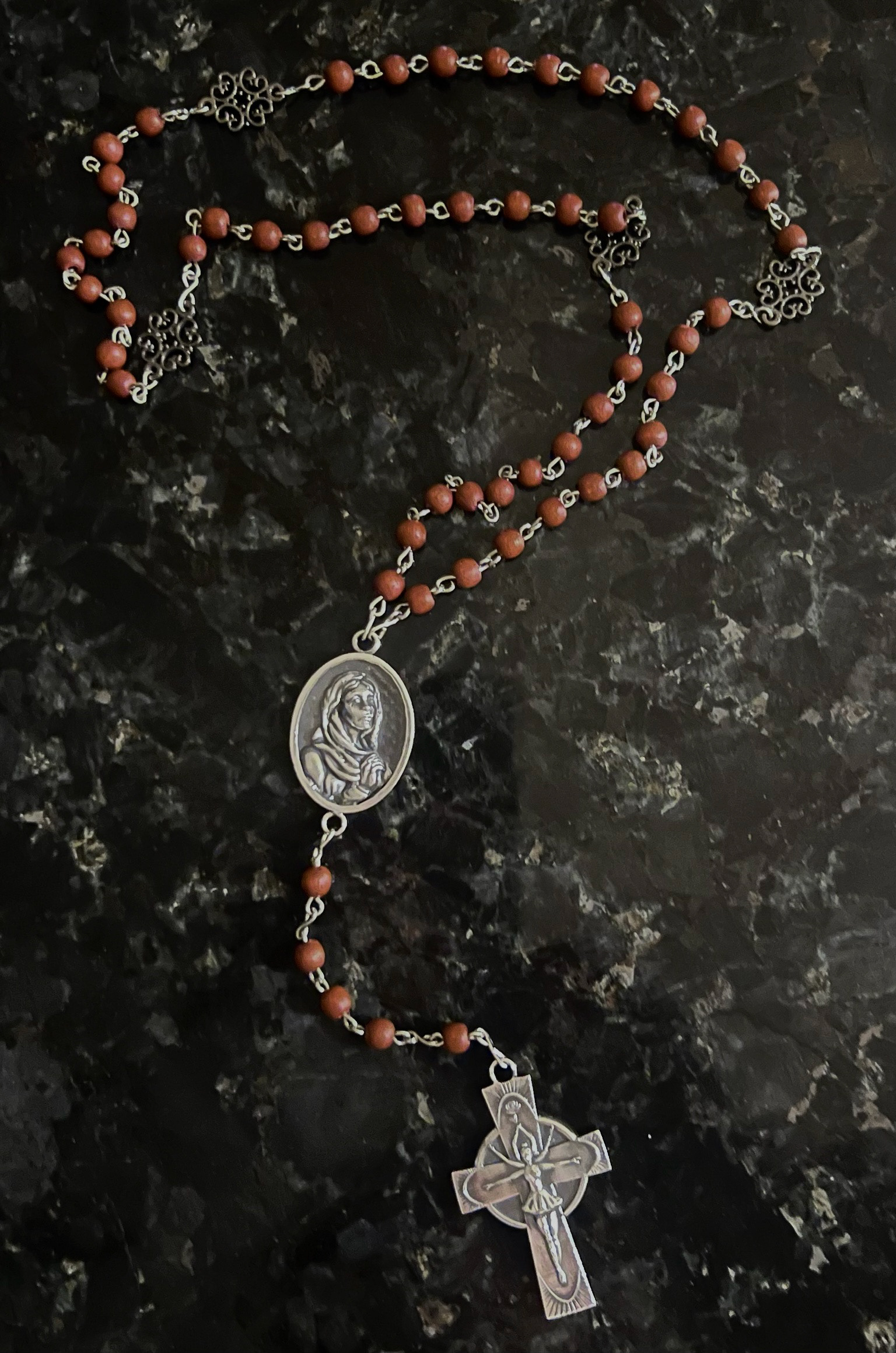 "the ballerina's rosary" - modeled in rhino 8 & nomad, cast in sterling silver, wooden beads 