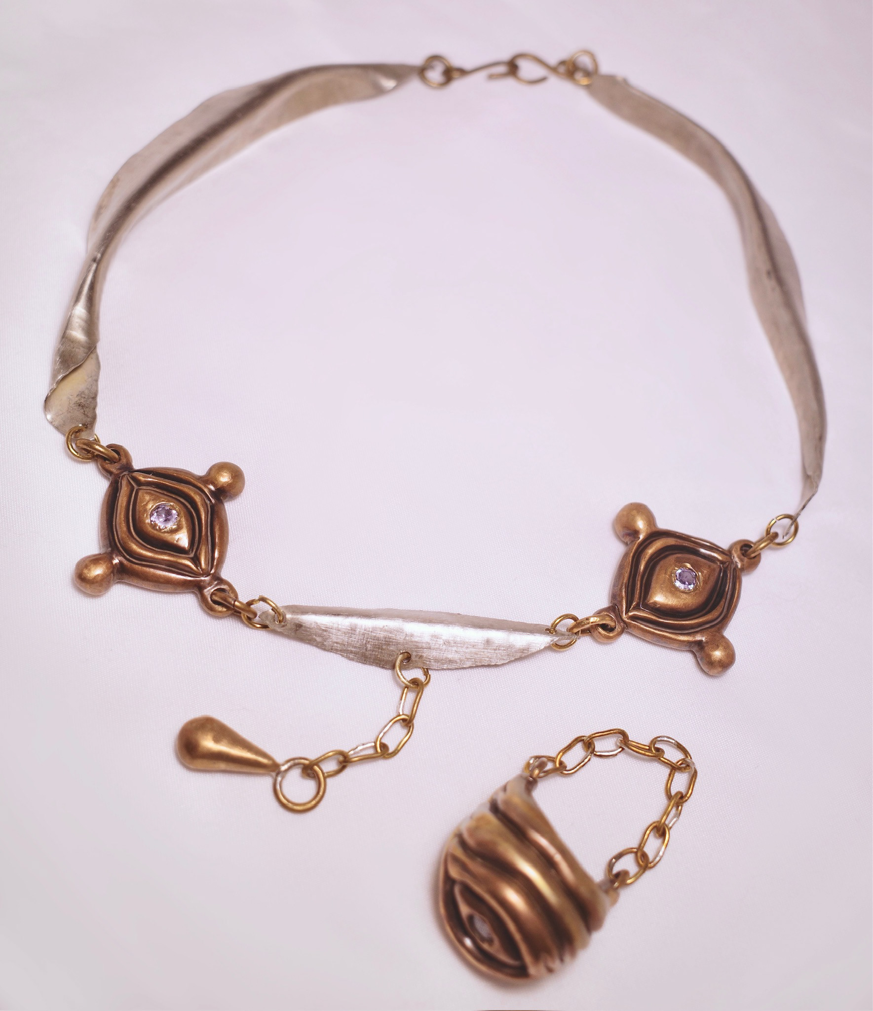 "the protector" collection - hand carved in wax, cast in ancient bronze, nickel silver, lavender cz stones - may 2023