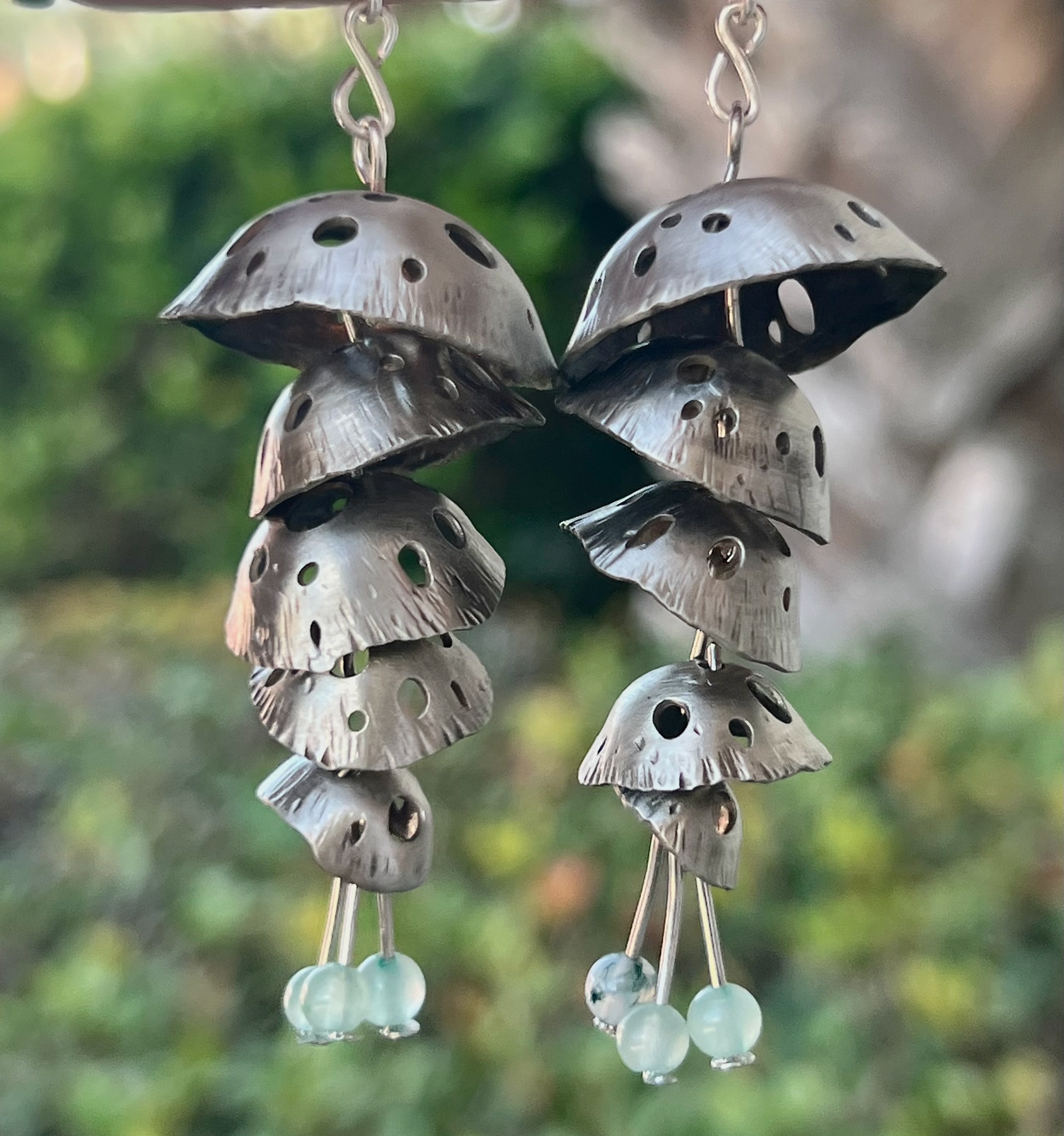 "musical mushroom" earrings - nickel silver, sterling silver, aventurine beads - may 2023