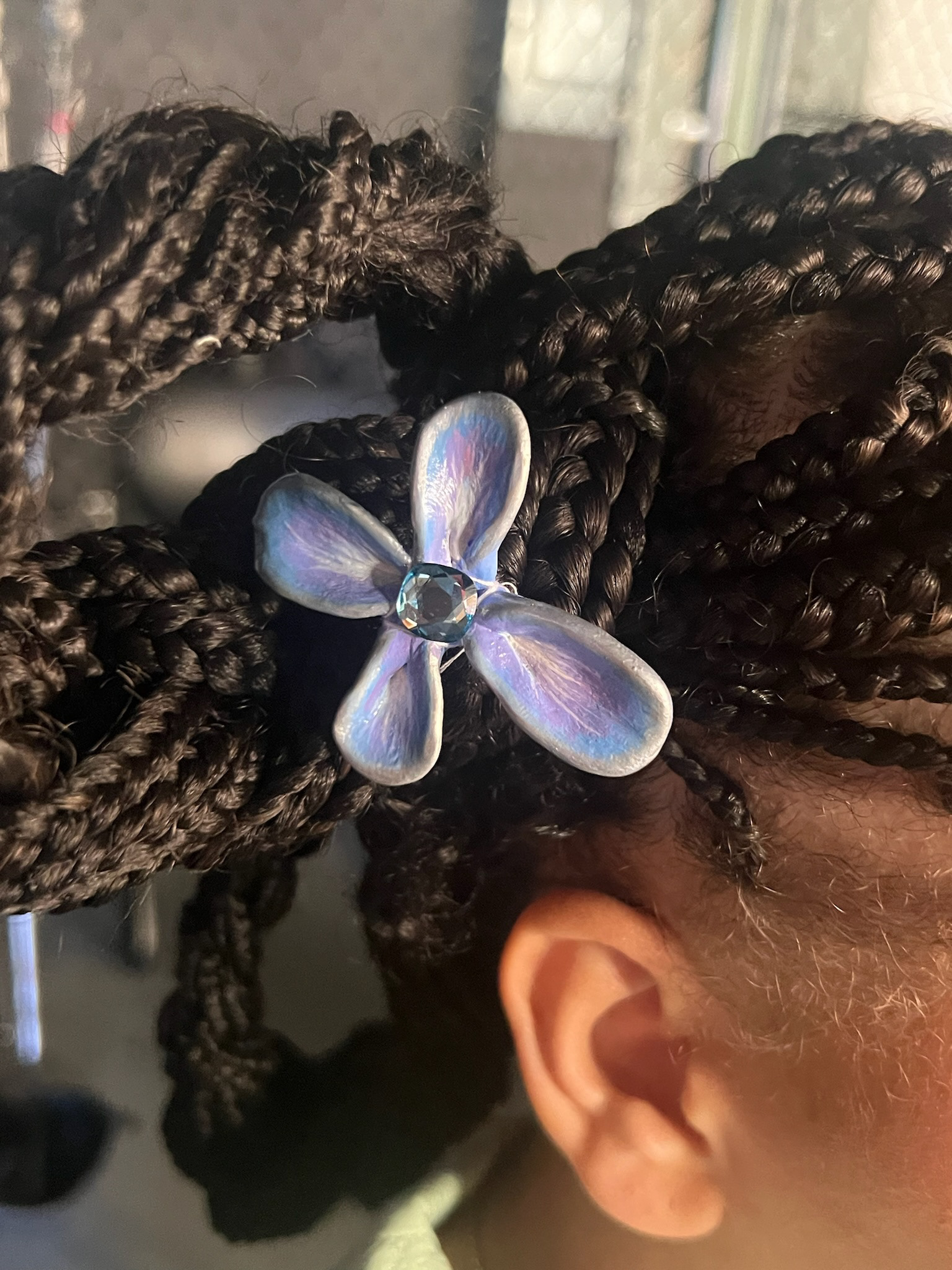 purple petal hair pin - hand molded in poly plastic, hand painted, paired with blue swarovski crystal