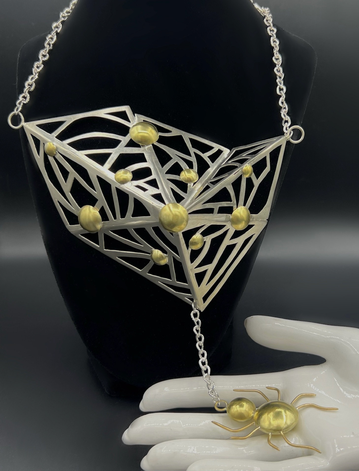 "web cage" necklace - brass, nickel silver - february 2023