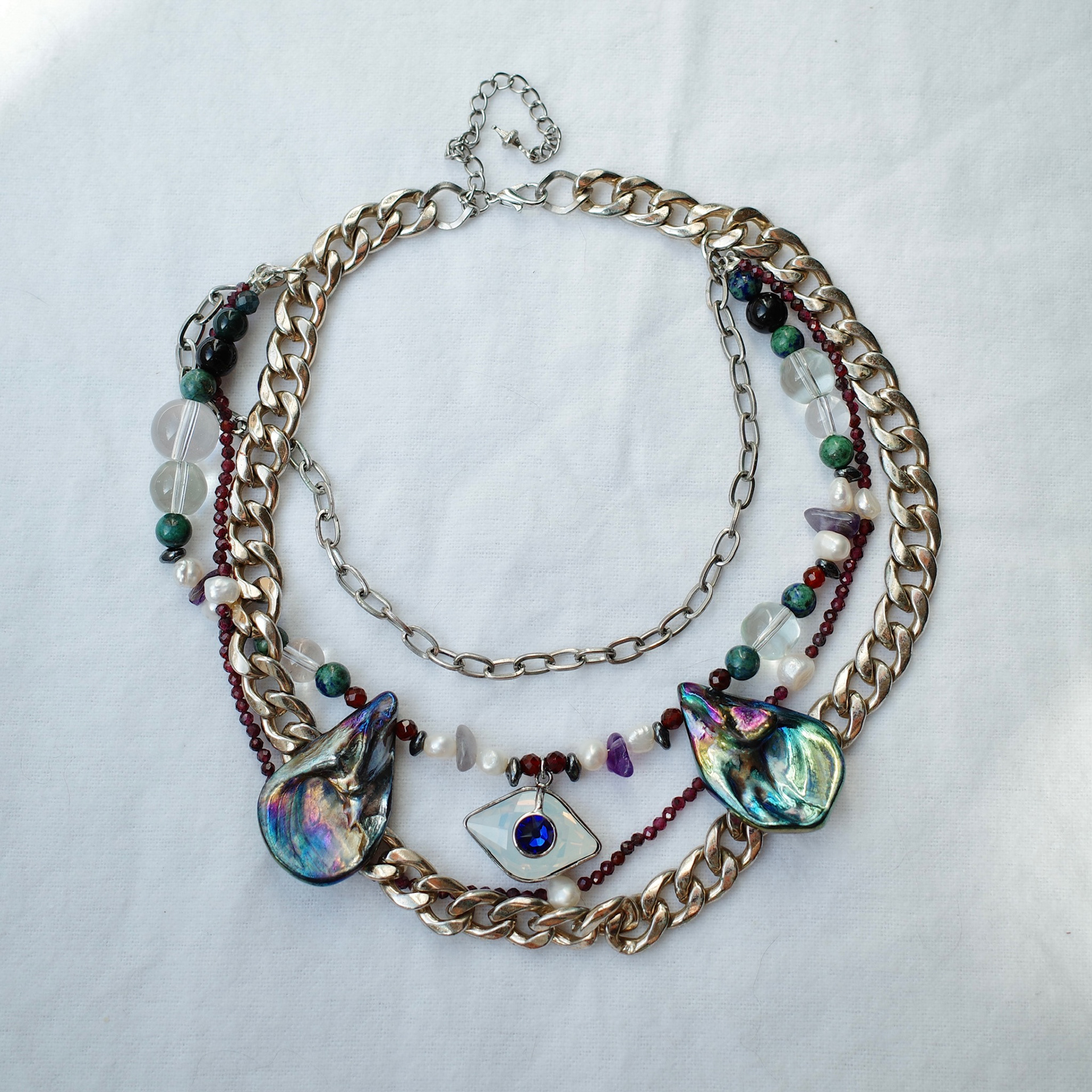 "mermaid chains" necklace - assorted beads, assorted chains, abalone shells - july 2023