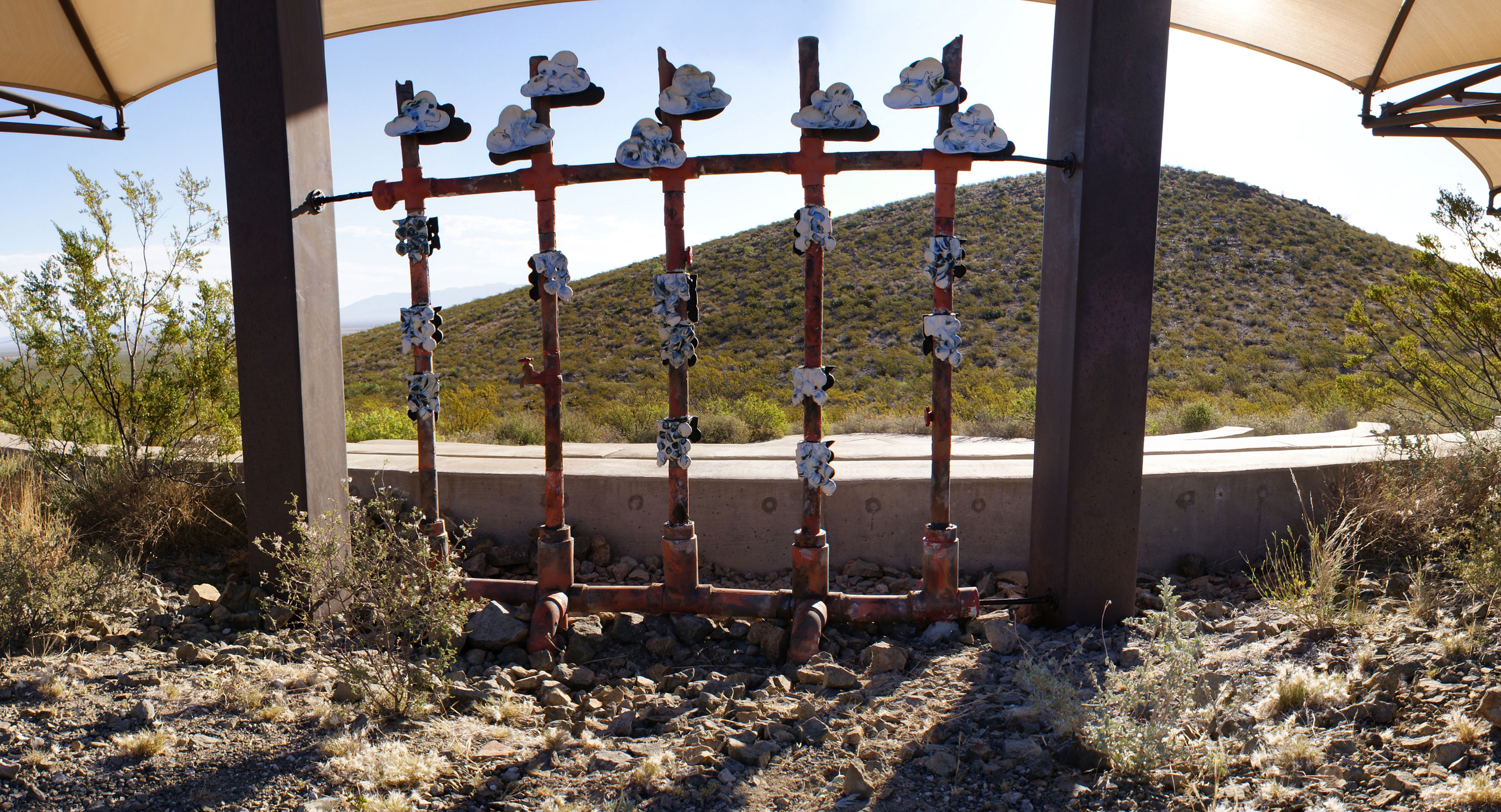 Rainkeepers: Installation at the Chihuahuan Desert Nature Park, Las Cruces, New Mexico. The form, derived from an abacus, questions modern methods of quantification and commodification of invaluable natural resources. Run by the Asombro Institute, the park is used as a research center on the effects of desertification and also acts as a resource center to raise awareness of environmental issues in schools.