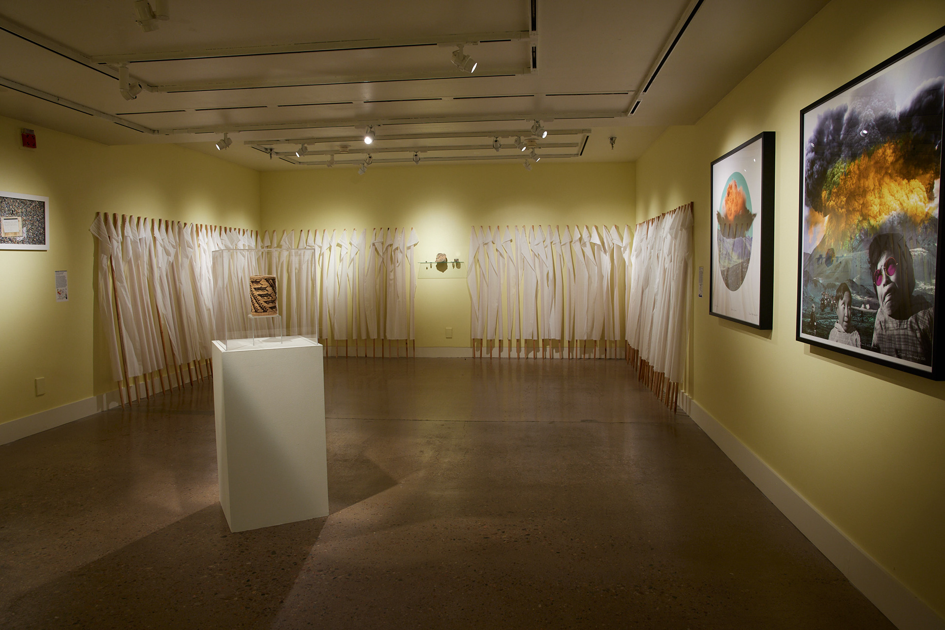 Left to right: Pat Courtney Gold, Sturgeon Basket, 2005. Bonnie Devine, Phenomenology, 2015. Ivínguak' Stork Høegh, Qaartorsuaq 1 & 2, 2016. Image by Brad Trone.