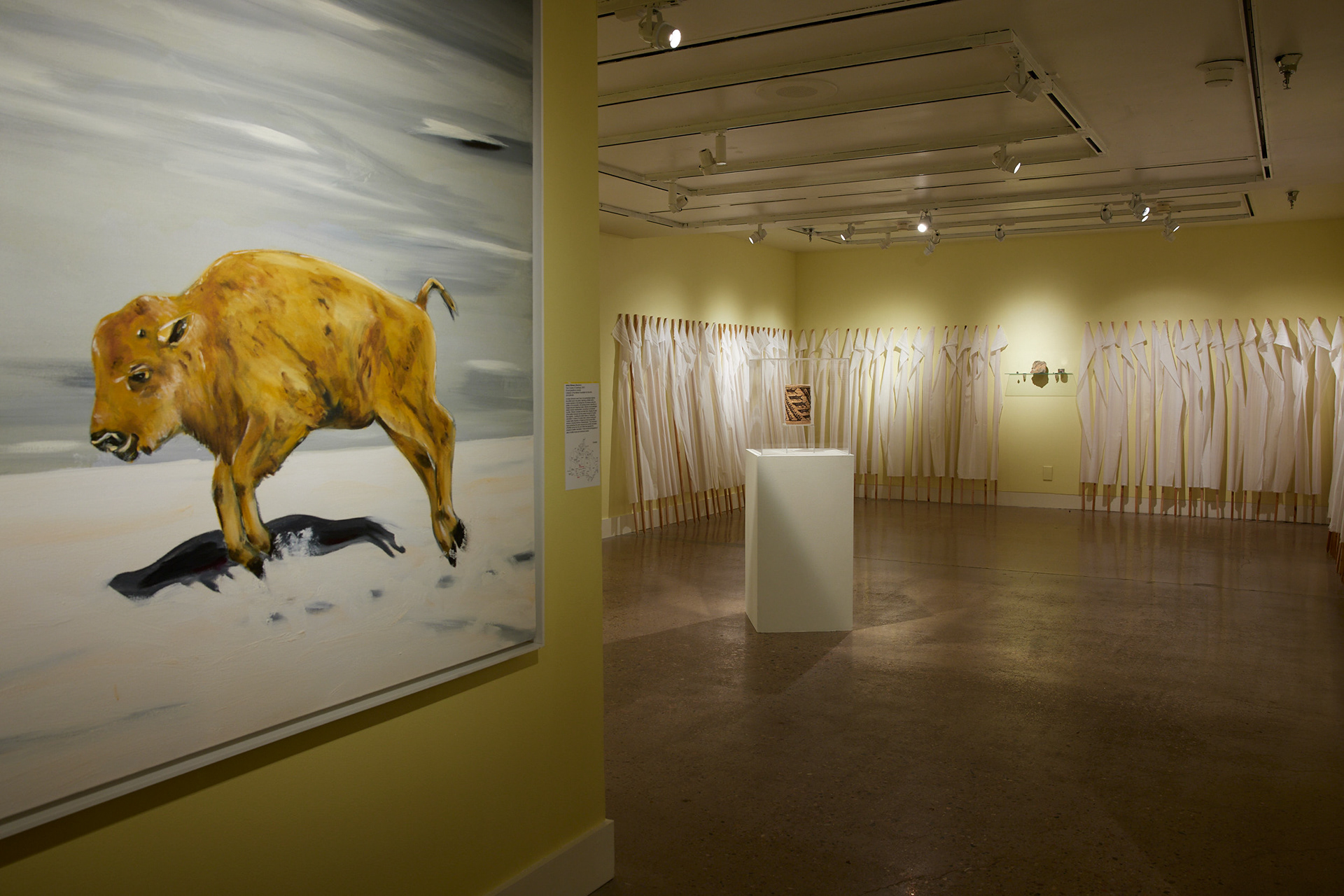 Left to right: Adrian Simson, Fuse 3 (Series of 3 Paintings), 2010. Pat Courtney Gold, Sturgeon Basket, 2005. Bonnie Devine, Phenomenology, 2015. Image by Brad Trone.
