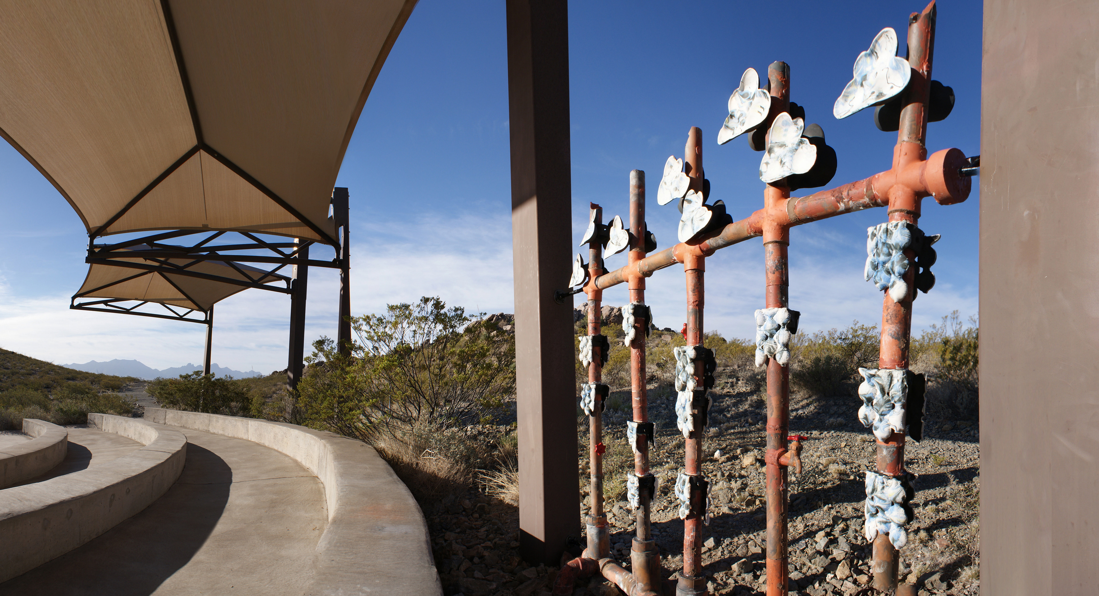 Rainkeepers: Installation at the Chihuahuan Desert Nature Park, Las Cruces, New Mexico The form, derived from an abacus, questions modern methods of quantification and commodification of invaluable natural resources. Run by the Asombro Institute, the park is used as a research center on the effects of desertification and also acts as a resource center to raise awareness of environmental issues in schools.