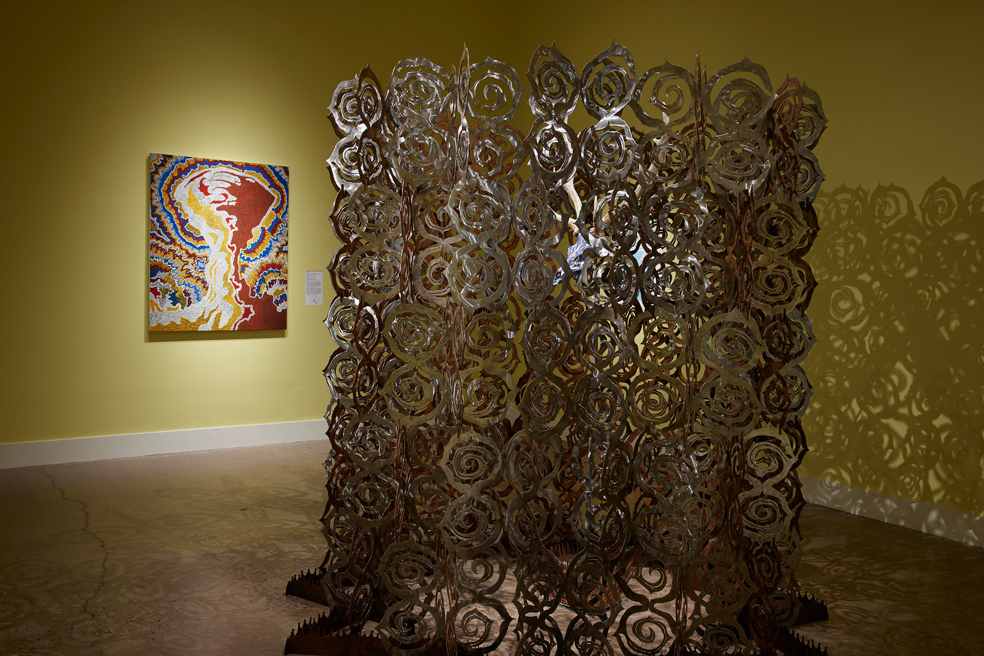 Left to right: Hilda Moodoo, Destruction I, 2002. Kohei Fujito, The Singing of the Needle, 2021. Image by Brad Trone.