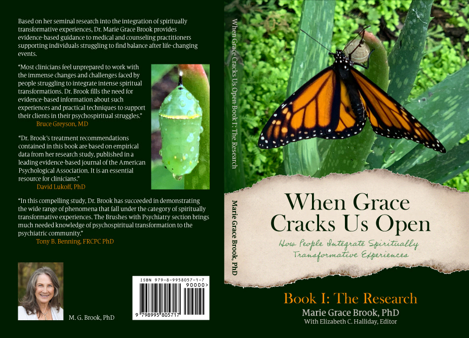 Front and Back Cover for "When Grace Cracks Us Open" by Marie Grace Brook featuring a monarch butterfly on aloe vera plant on front and a monarch chrysalis on the back.