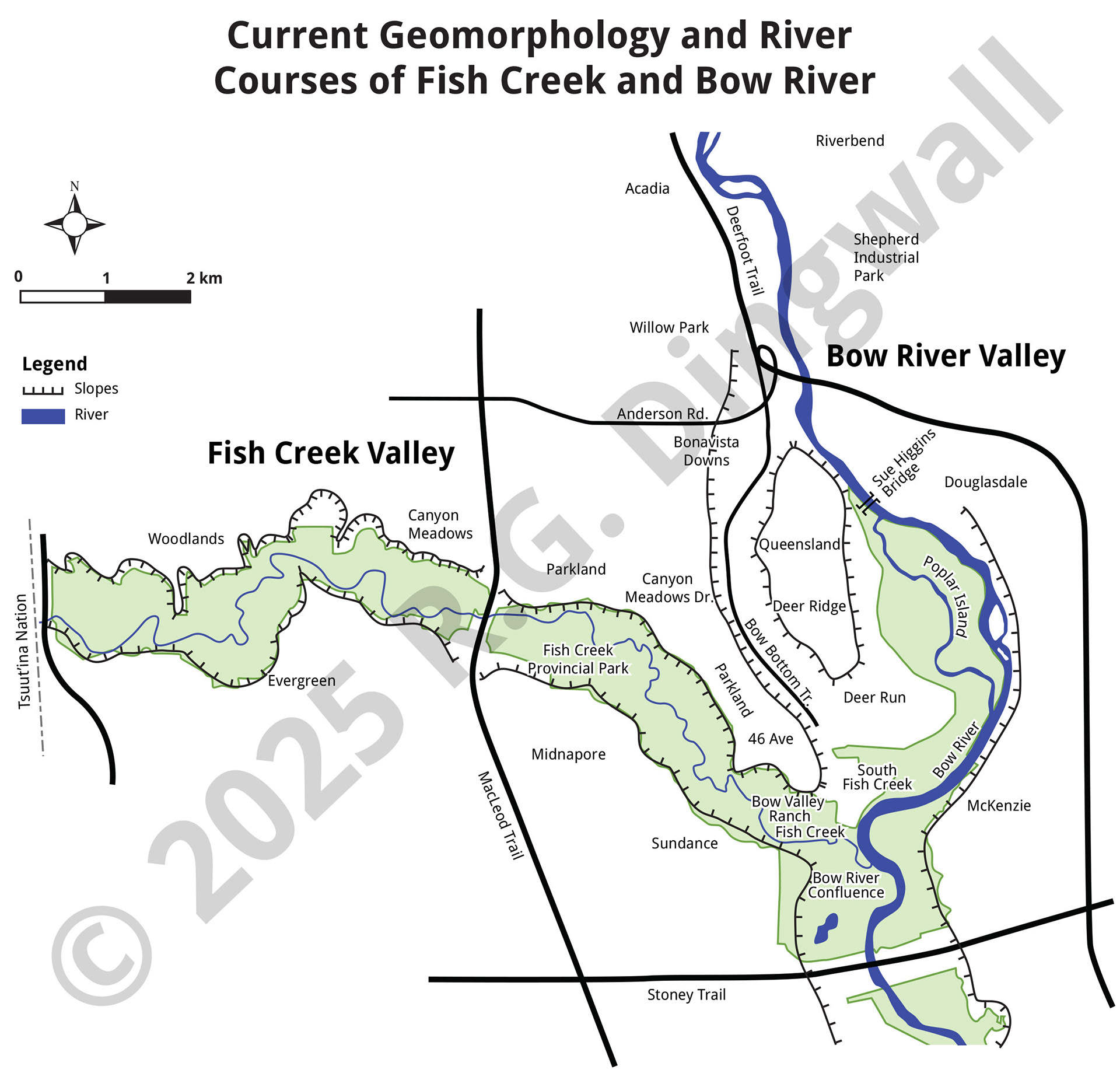 Current Geomorphology and River Cources of Fish Creek and Bow River Map
