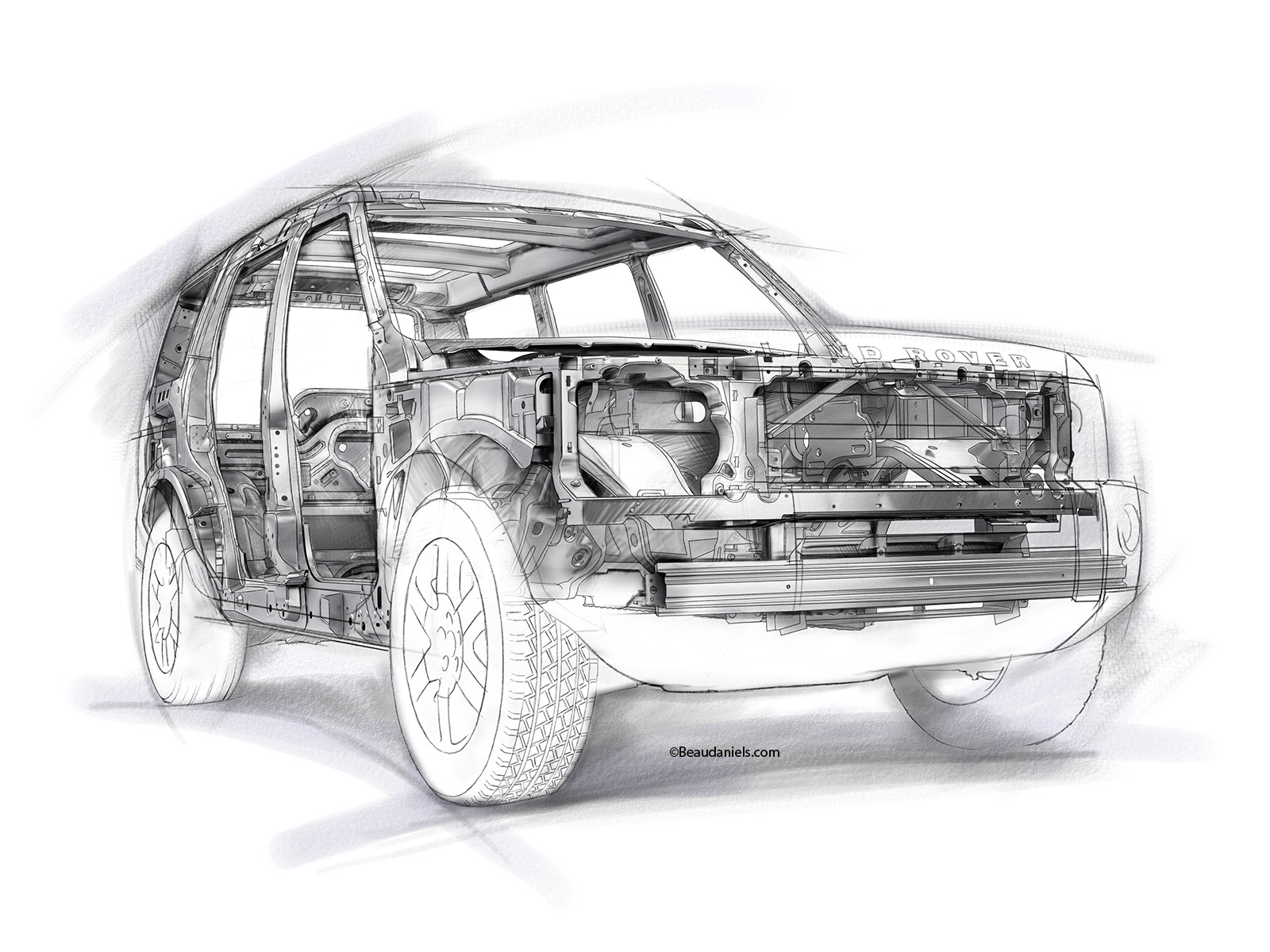 Land Rover LR3 cutaway technical illustration to show the body construction.