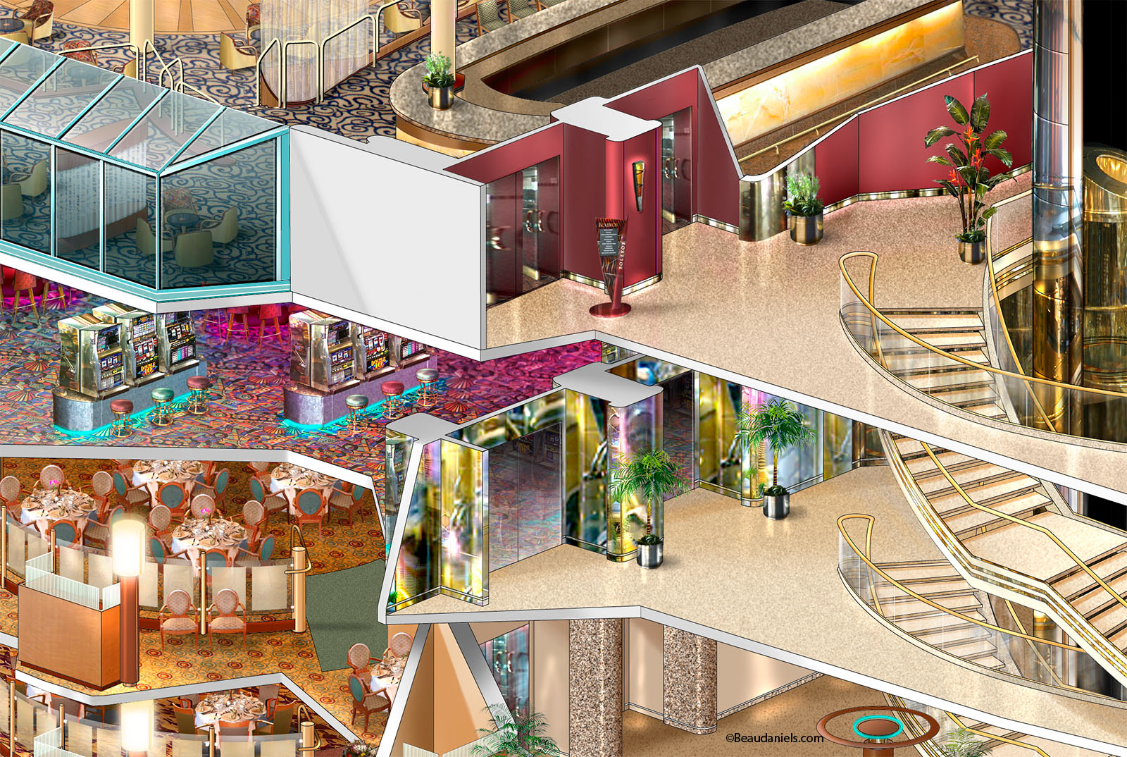 Monarch of the Seas, Entrances to Boleros, the Casino and a dining room.