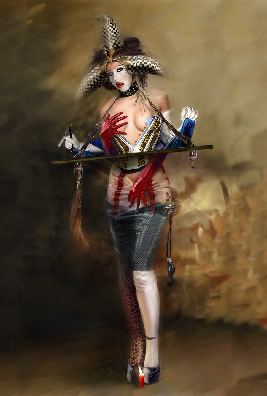 CIVIL WAR CIRCUS, Civil War Circus is really about divorce, the very delicate balance of any relationship, and the ambiguity of the image one projects. The hands in this instance are an unwanted presence but an unavoidable instance. She carries a weapon for protection, a three-pointed hat to project humor, a contrary mix of clothing to show indecision. She is what she needs to be in order to survive.