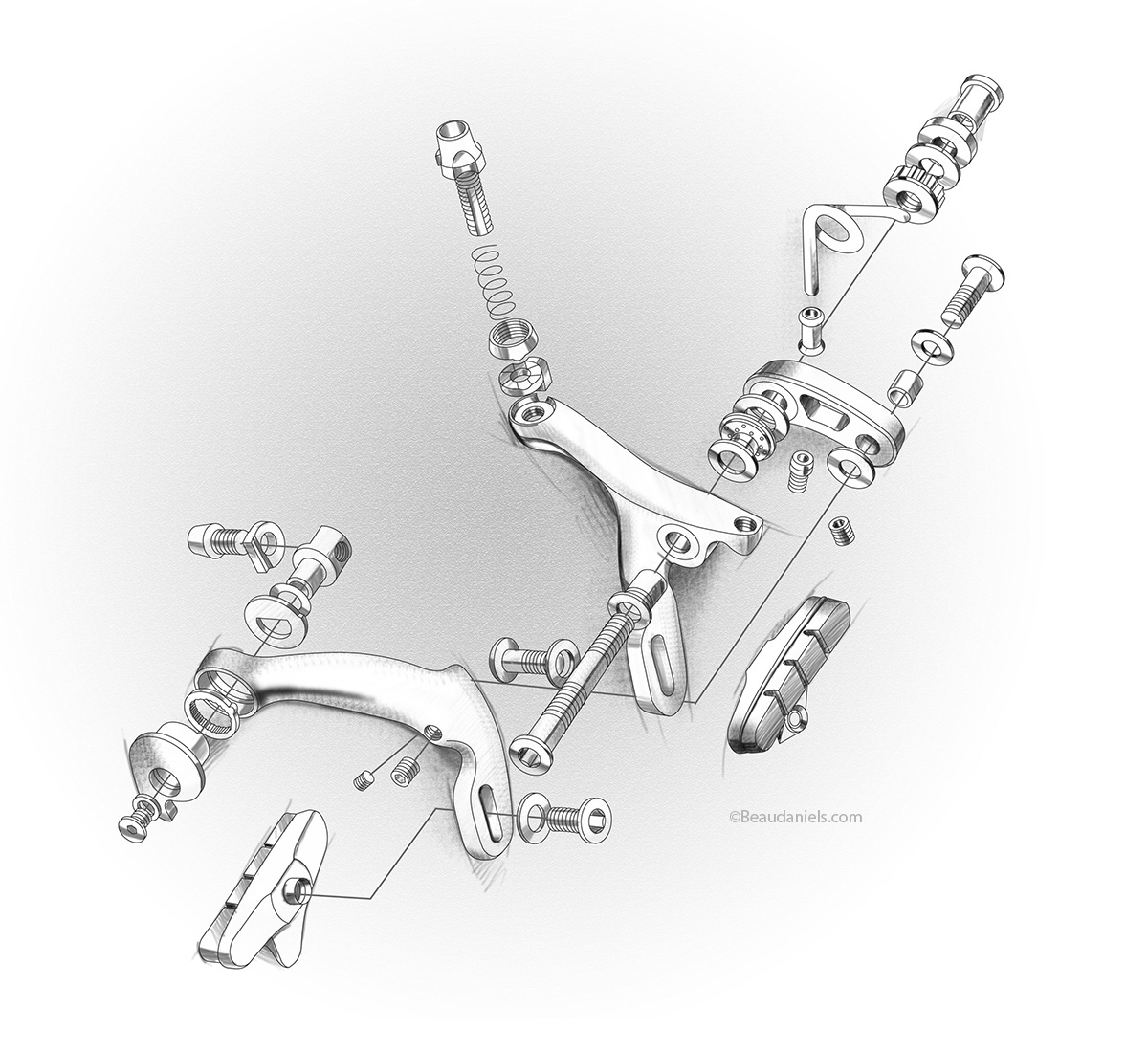 Exploded illustration of a bicycle brake caliper.Bicycle