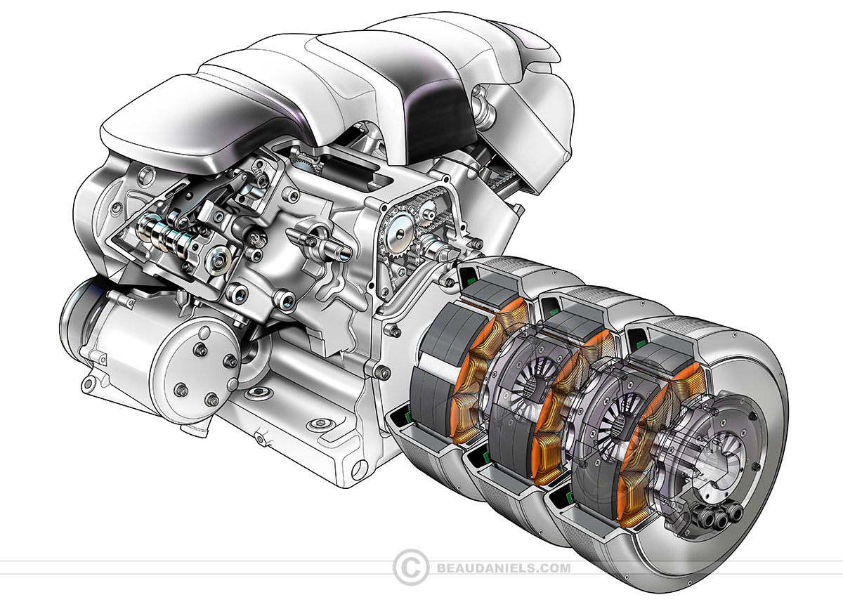Generic hybrid engine cutaway.