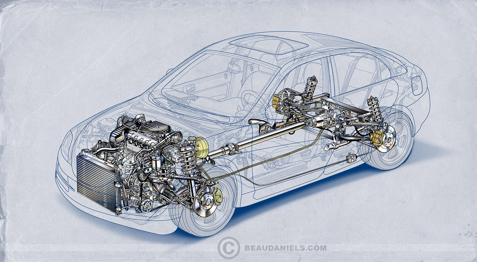 Blueprint style generic car cutaway.