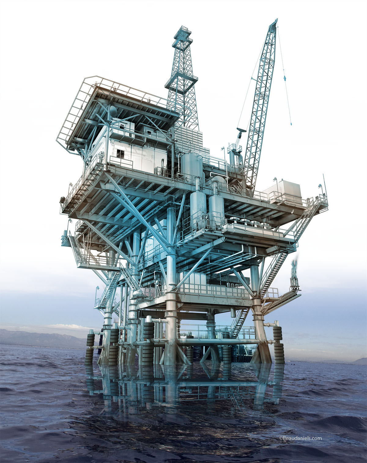 Oil rig illustrated and composited back with the photograph.