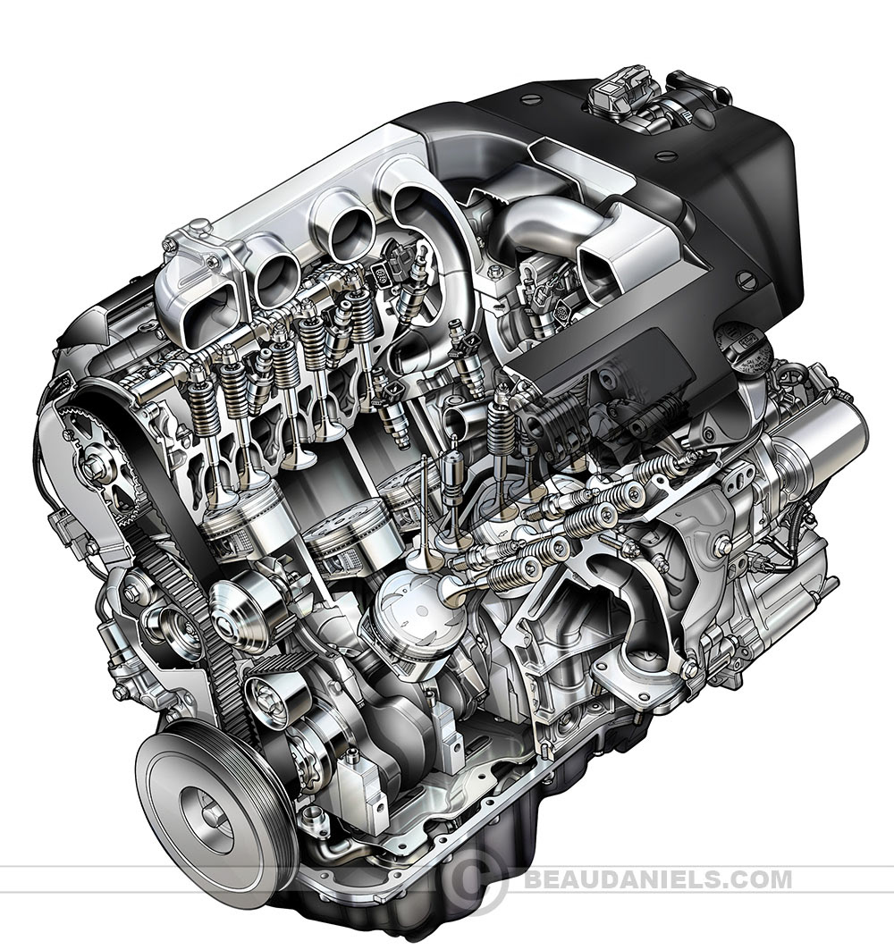 Fully rendered and cutaway generic V6 engine.