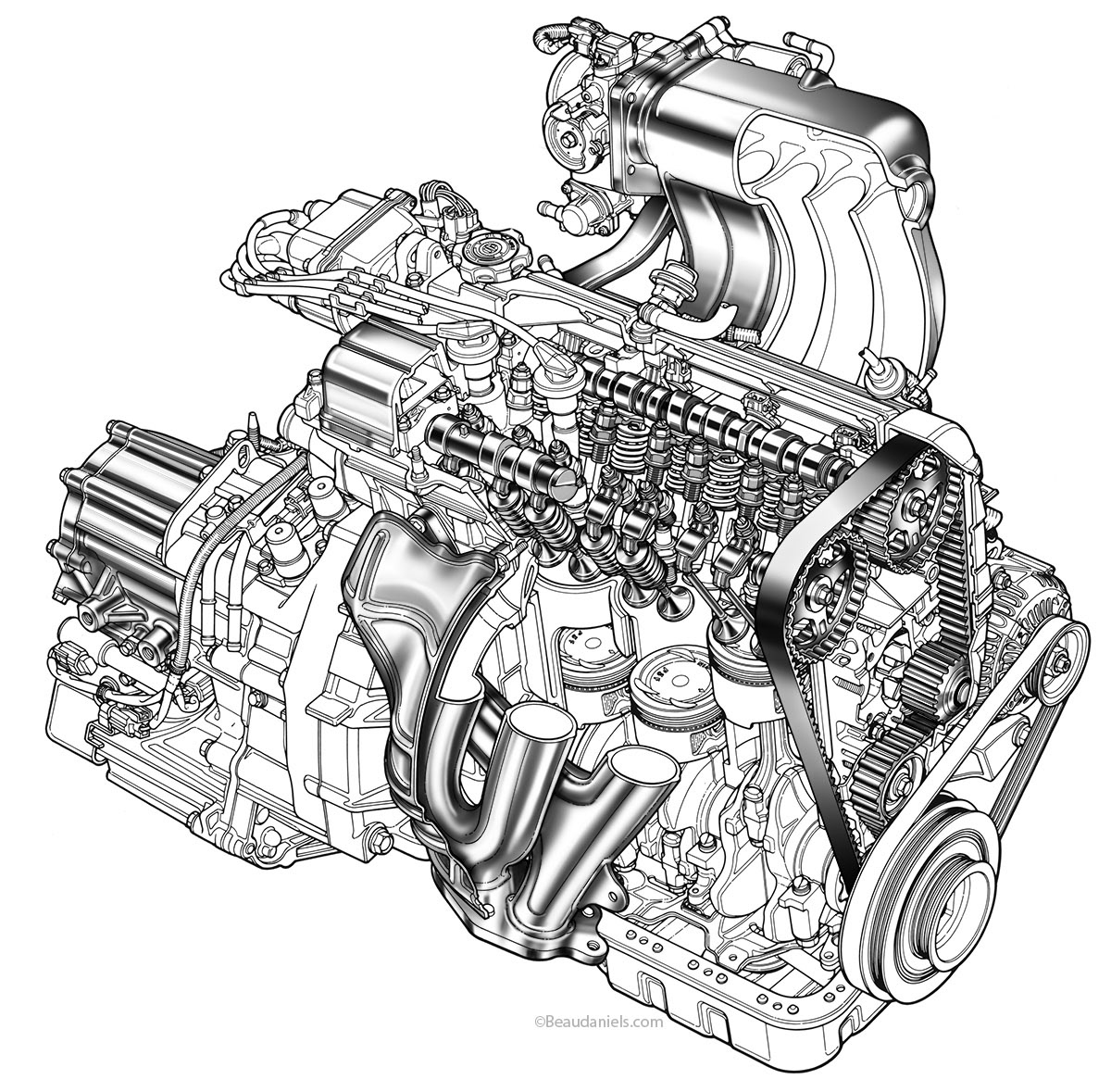 Line art of a generic car engine, four cylinder