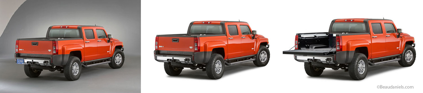 On the lleft is the client supplied photo, the middle image is our retouching to the photo, On the right is the version with a tailgate added, we had to illustrate the bed of the truck and the tailgate then add to our retouched photograph. There wasn't time for the client to reshoot the H3T with the tailgate down. Now we could illustrate the various lifestyle packages.