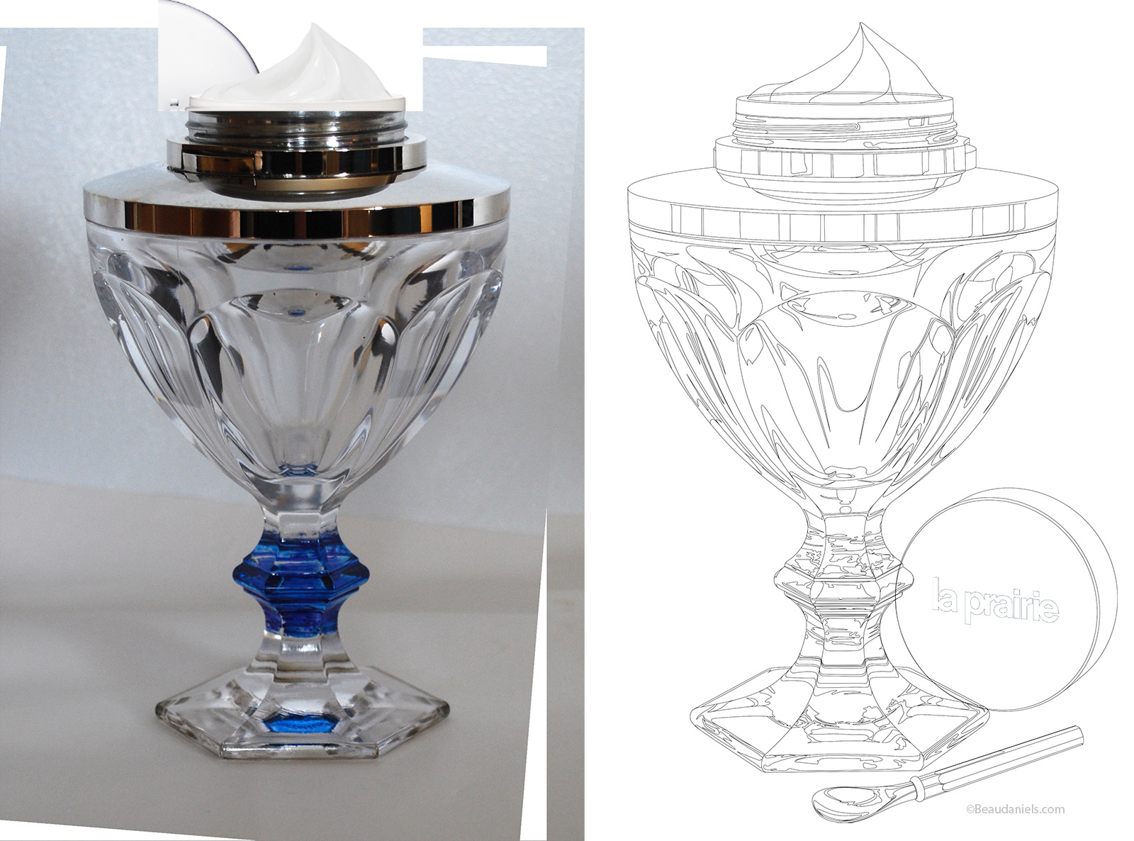 The reference photo that we shot, and the line art that became the basis for the illustration. La Prairie illustration