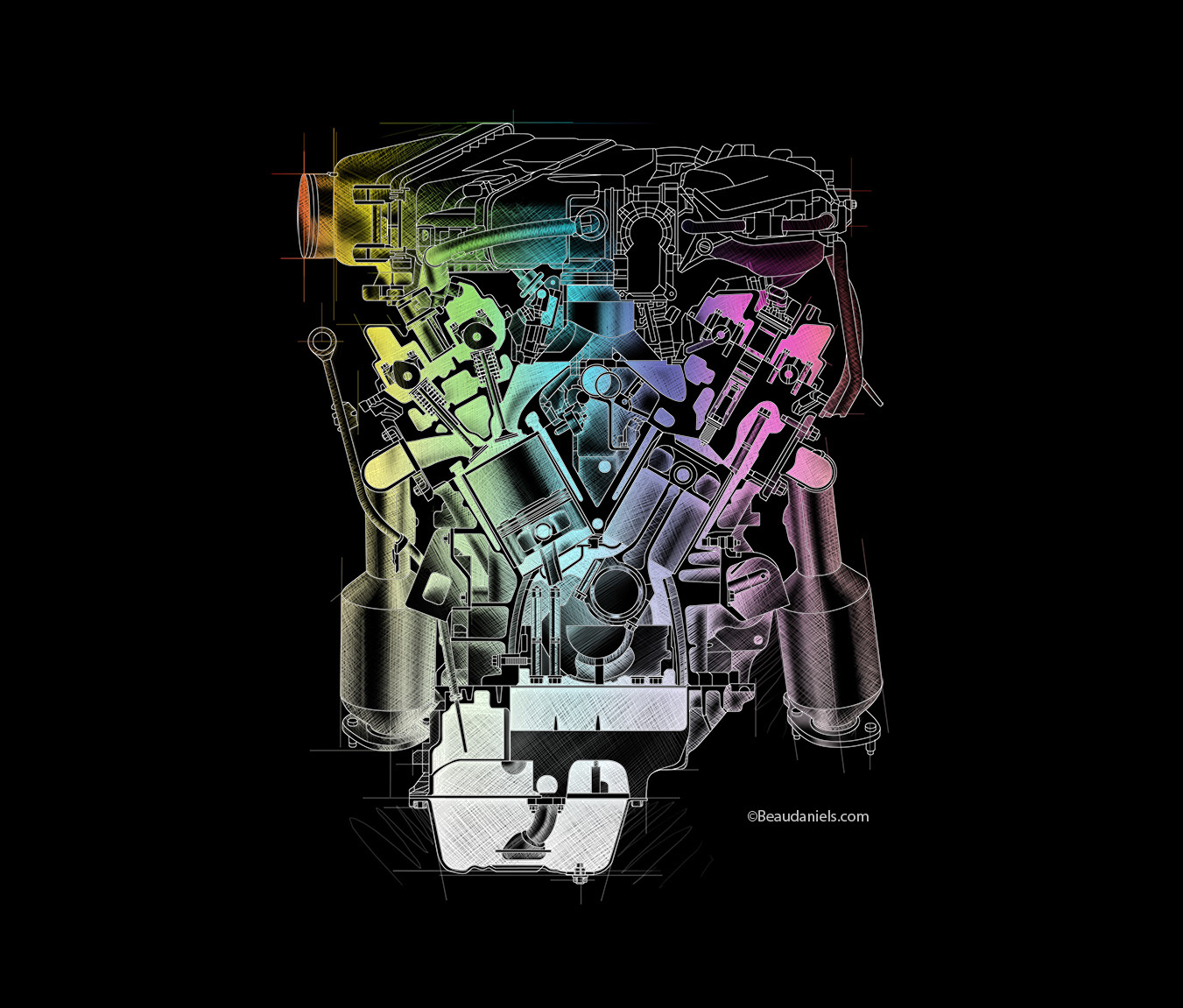 Cross section generic V6 engine cutaway.