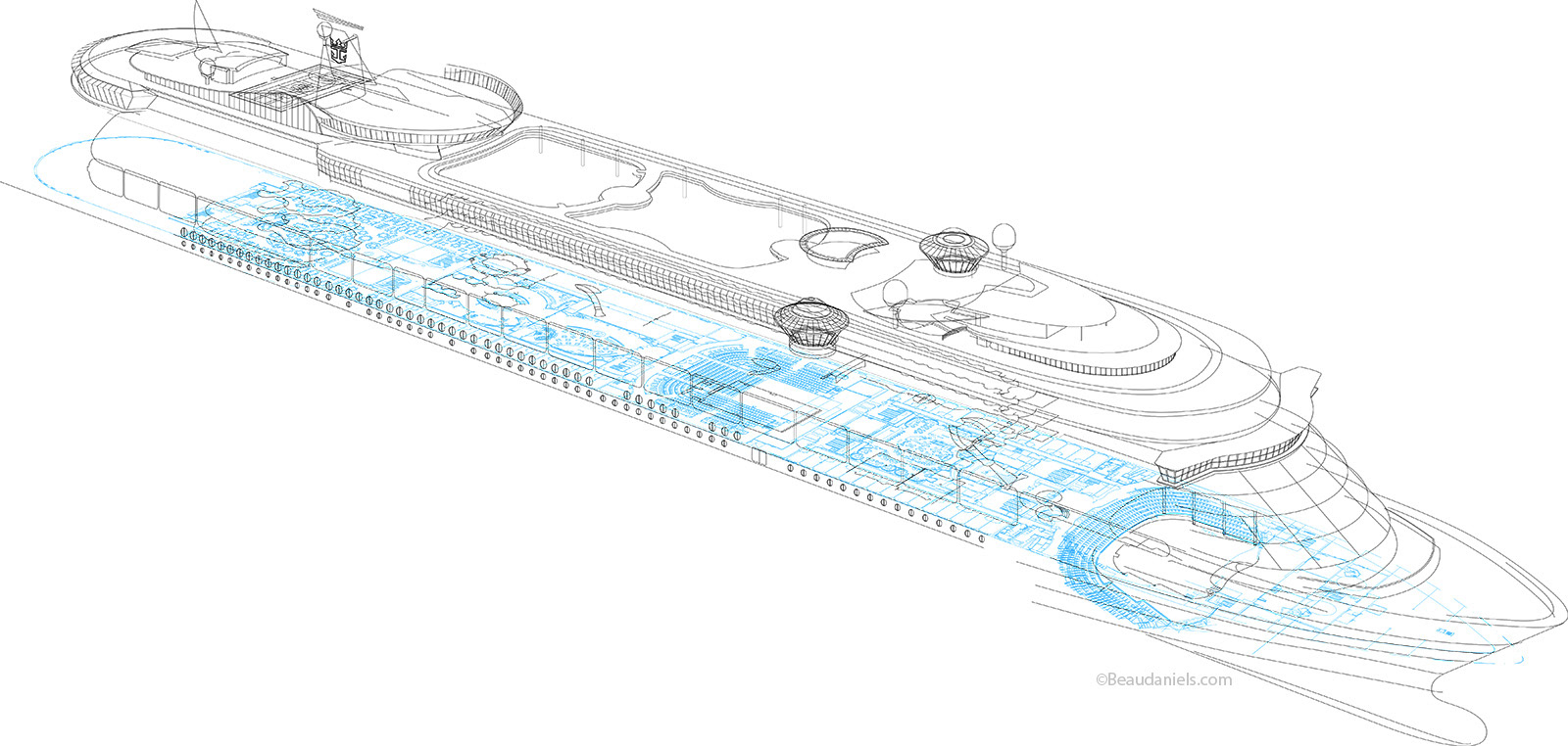Projecting verticals from one deck to another, slowly builds the ship. "Freedom of the Seas"