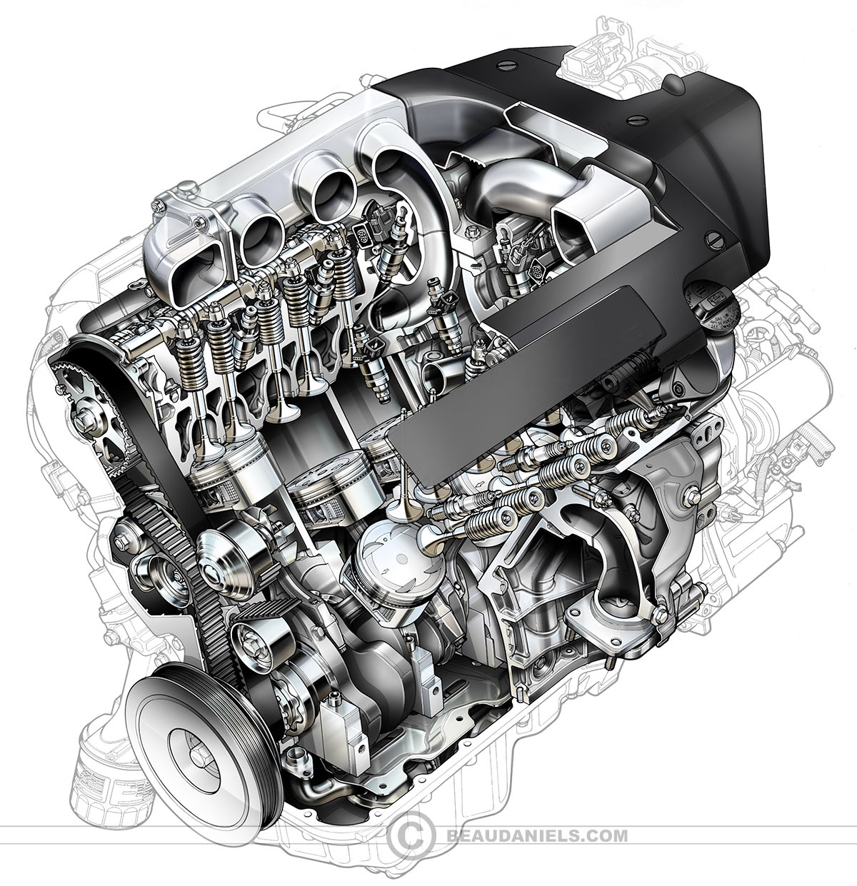 Six cylinder genric cutaway car engine.